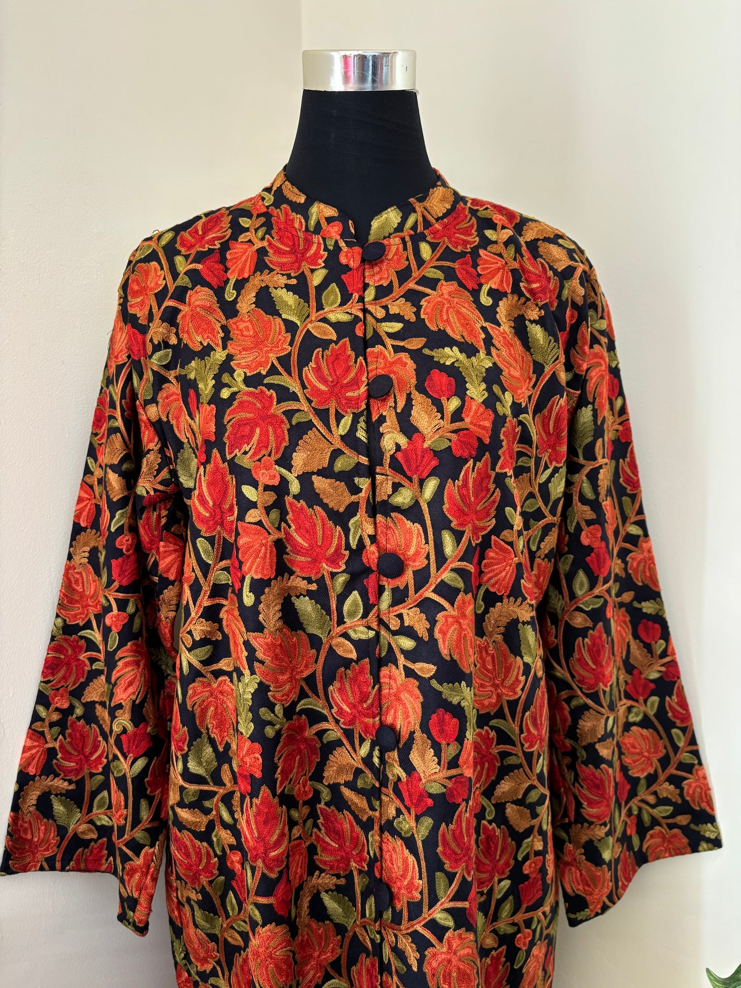 Black Aari Embroidered Pure Wool Jacket XXL