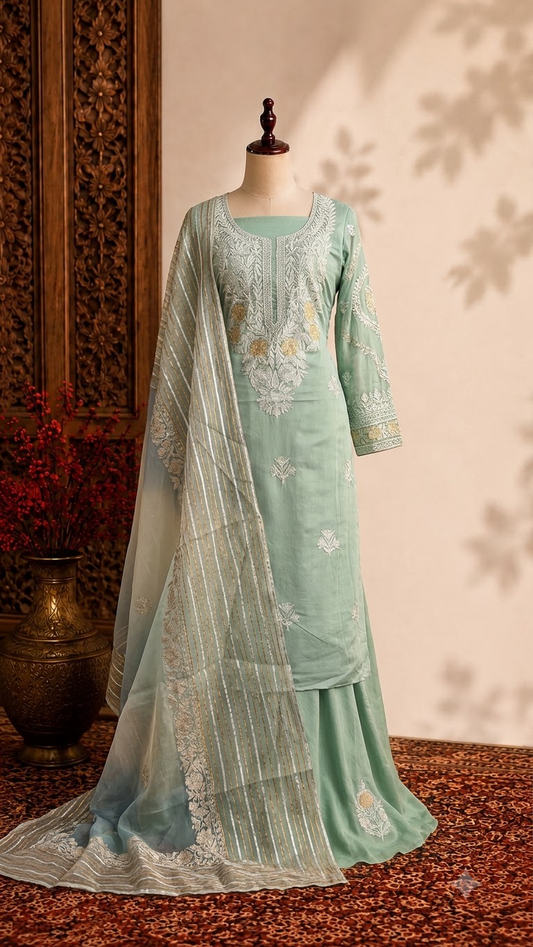 Blue Satin Cotton Kashmiri Suit