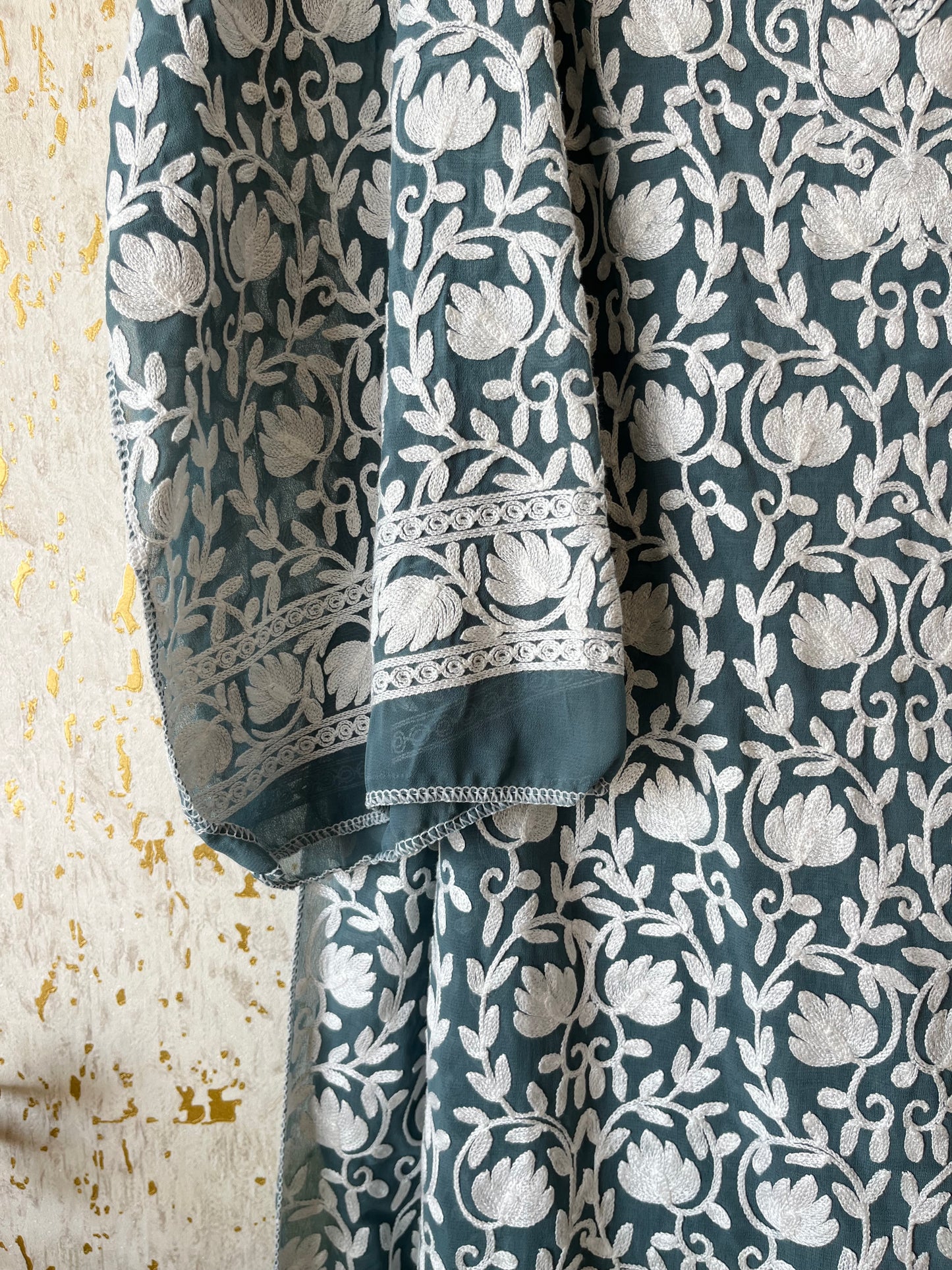 Sapphire Blue Georgette Jaal Work (Front & Back) Aari Embroidered Semi Stitched Kurta
