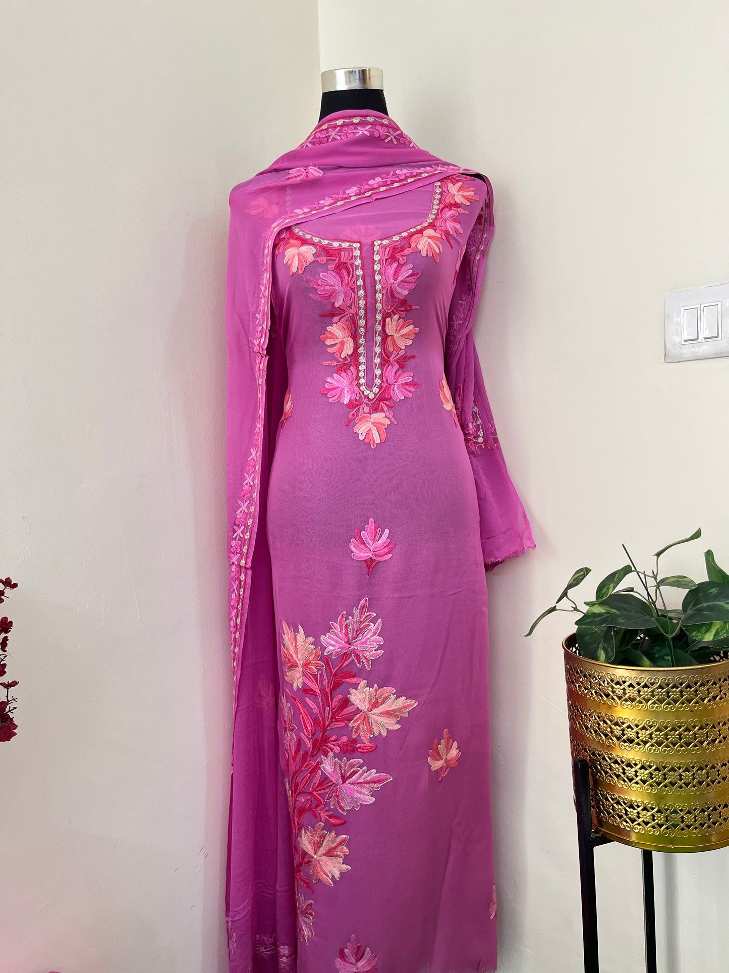 Mauve Pure Georgette Aari Embroidered Suit
