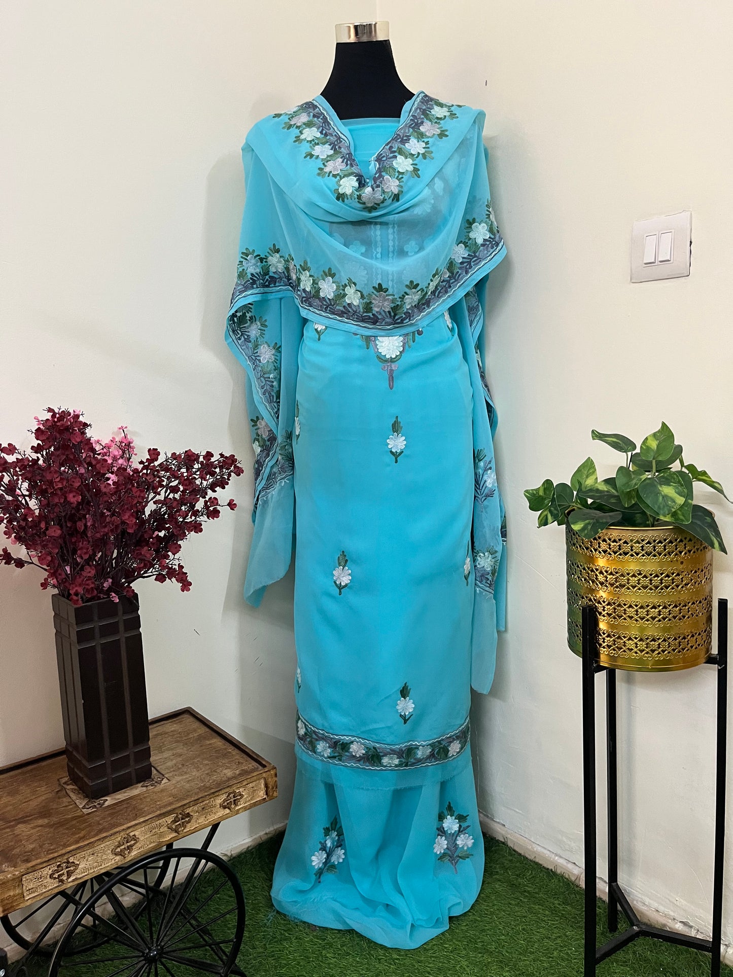Sky Blue Georgette 3 Pc Aari Embroidered Suit Set