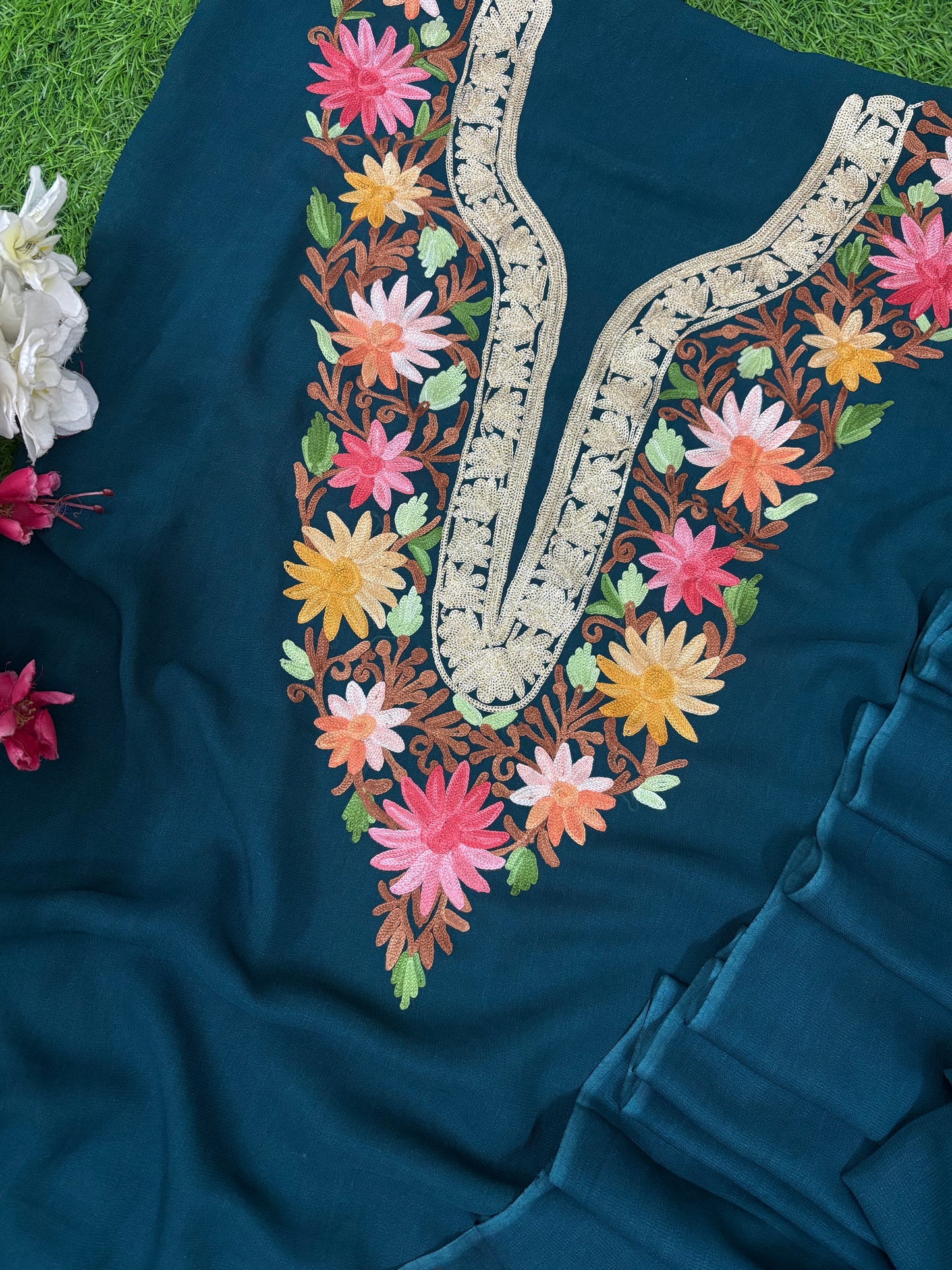 Peacock Blue Pure Georgette Kashmiri Suit