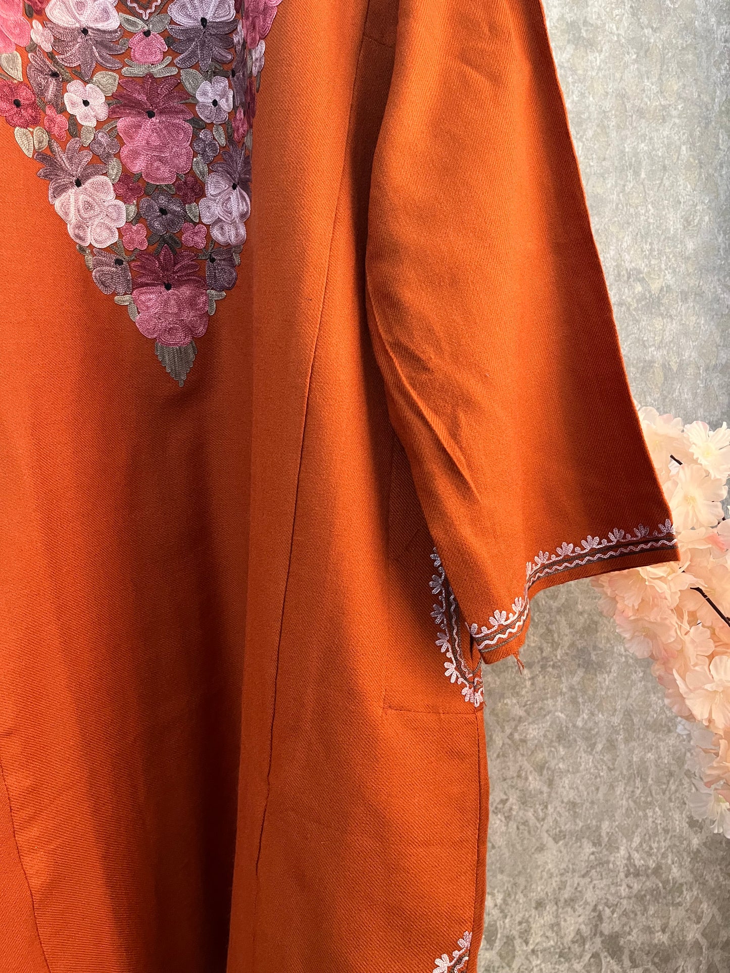Orange Aari Embroidered Wool Pheran