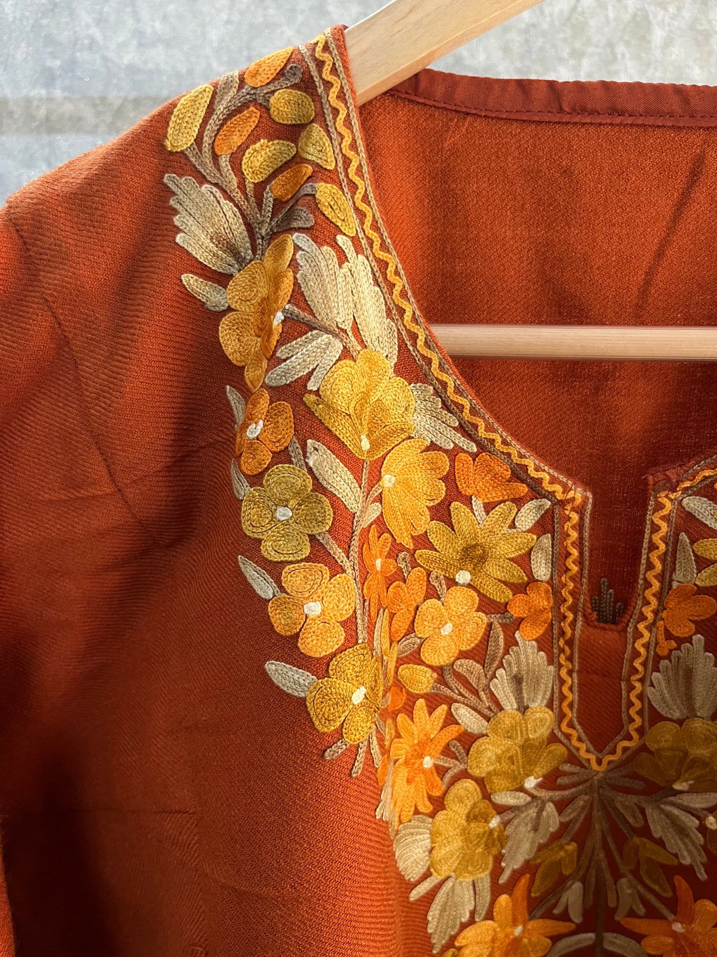 Orange Aari Embroidered Wool Pheran