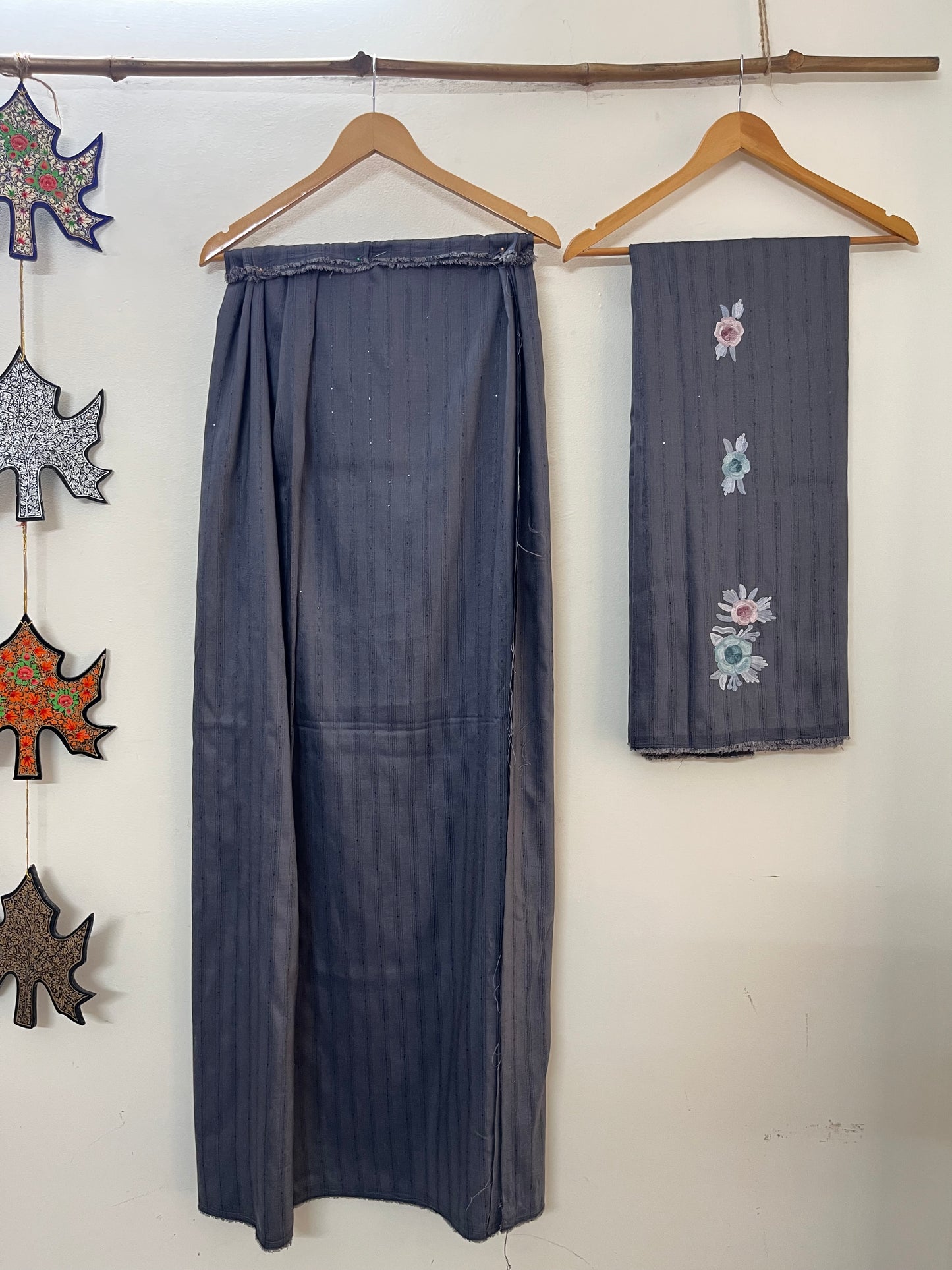 Deep Grey Muslin Cotton Striped Sequin Pattern Unstitched Co-ord Set