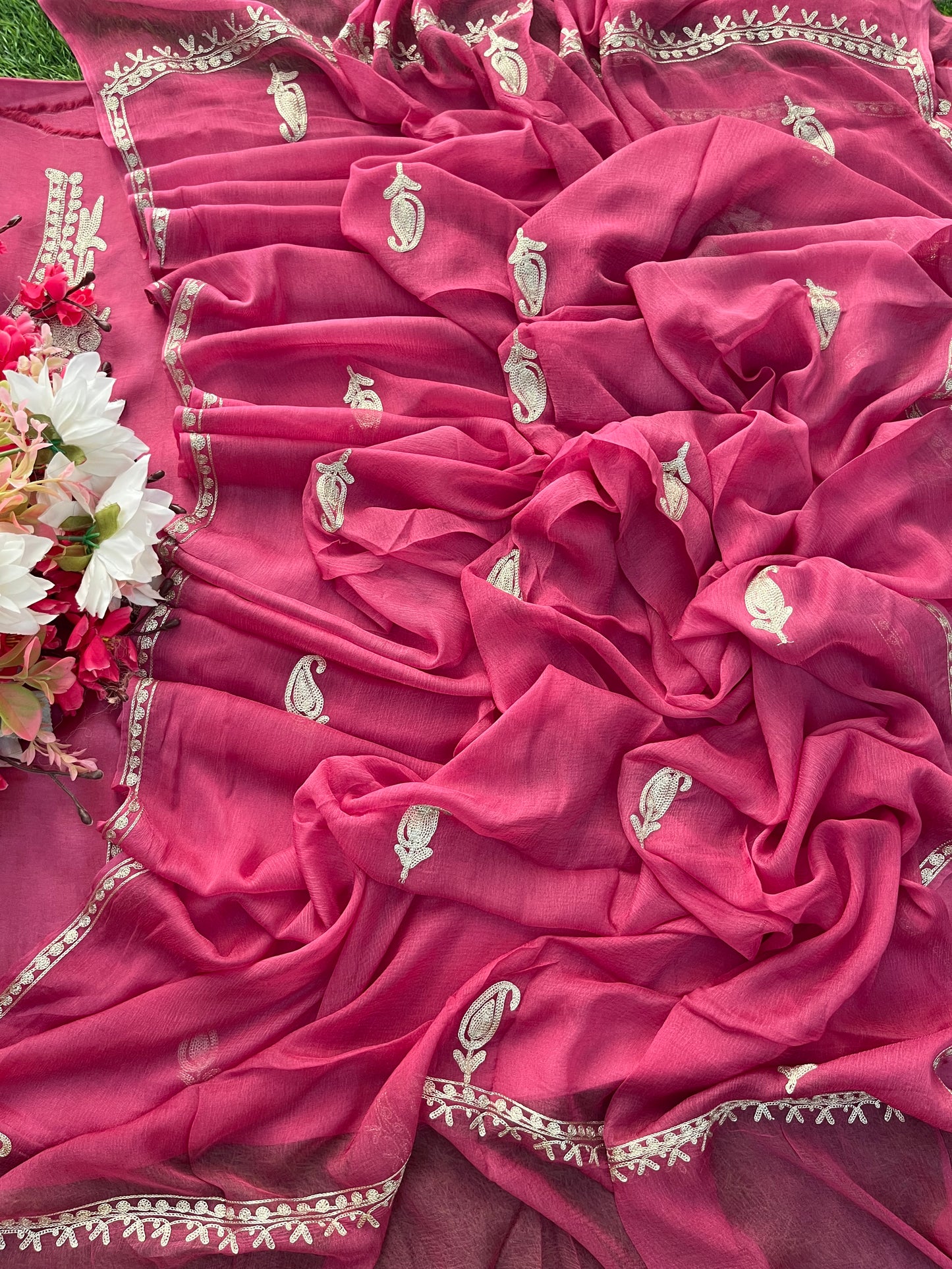 Onion Pink Silk Tilla Kashmiri Suit