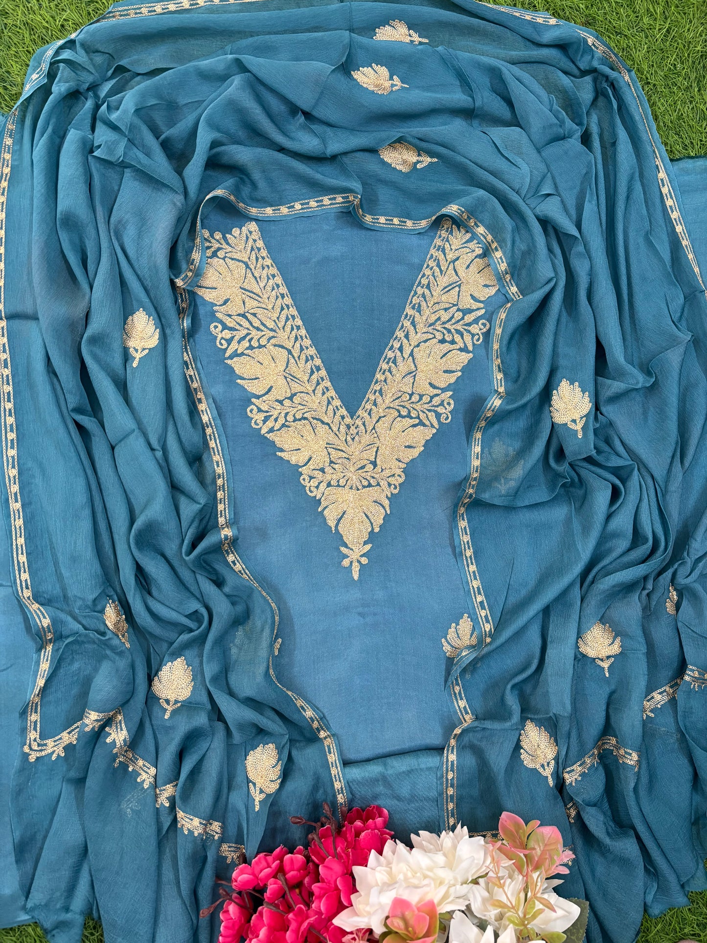 Sanam’ Pastel Blue Silk Tilla Kashmiri Suit