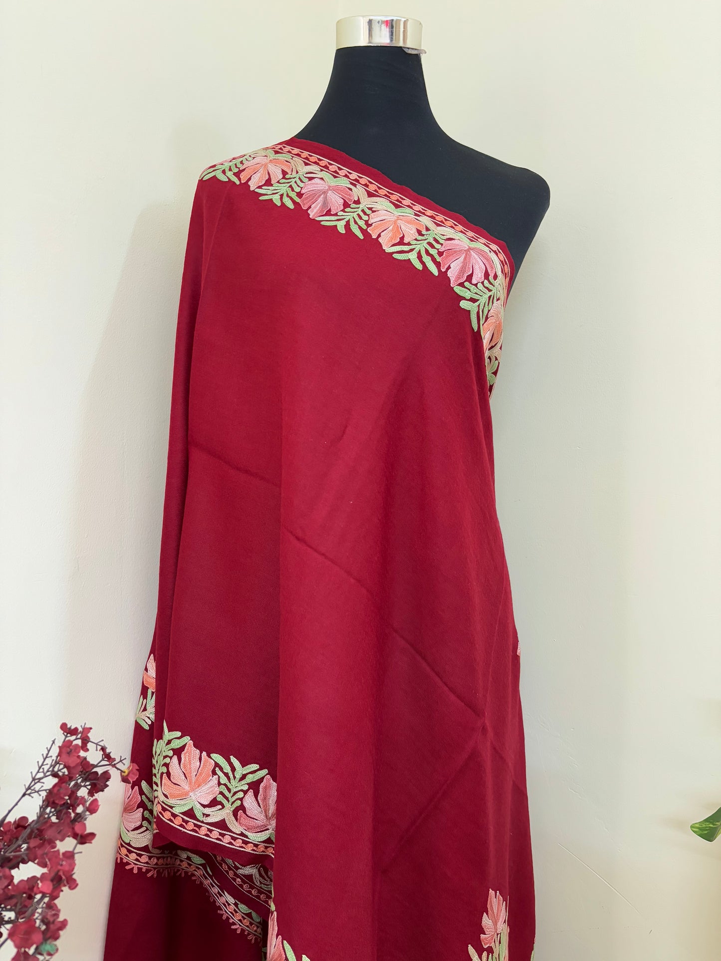 Maroon Fine Semi Pashmina Aari Embroidered stole