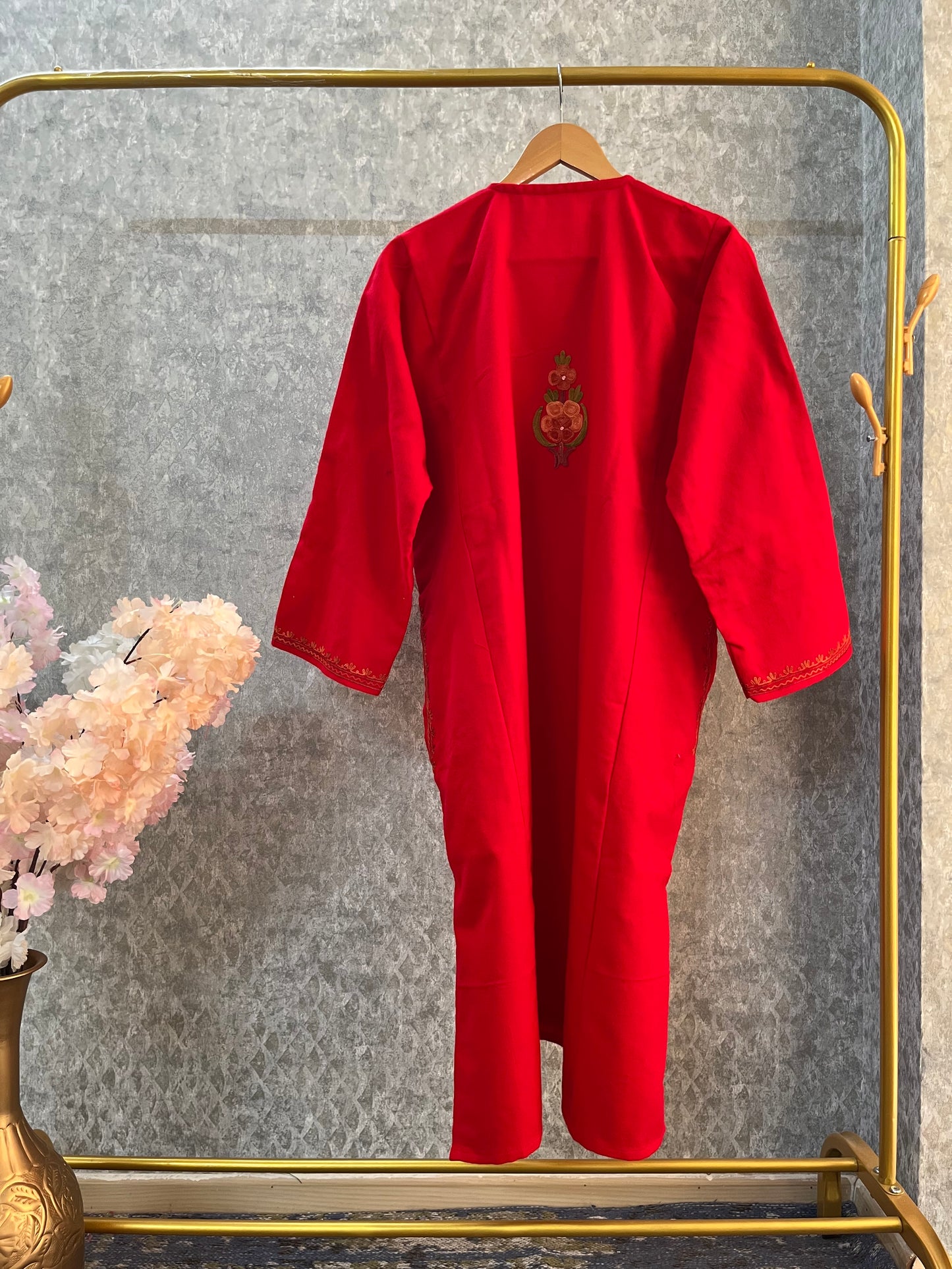 Red Aari Embroidered Wool Pheran