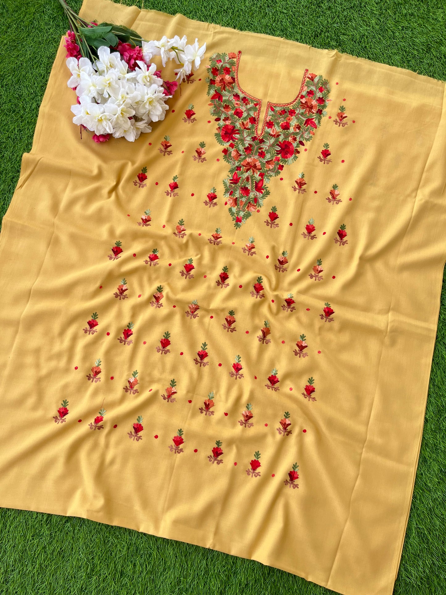 Beige Cotton Two Piece Set (Aari Embroidered)