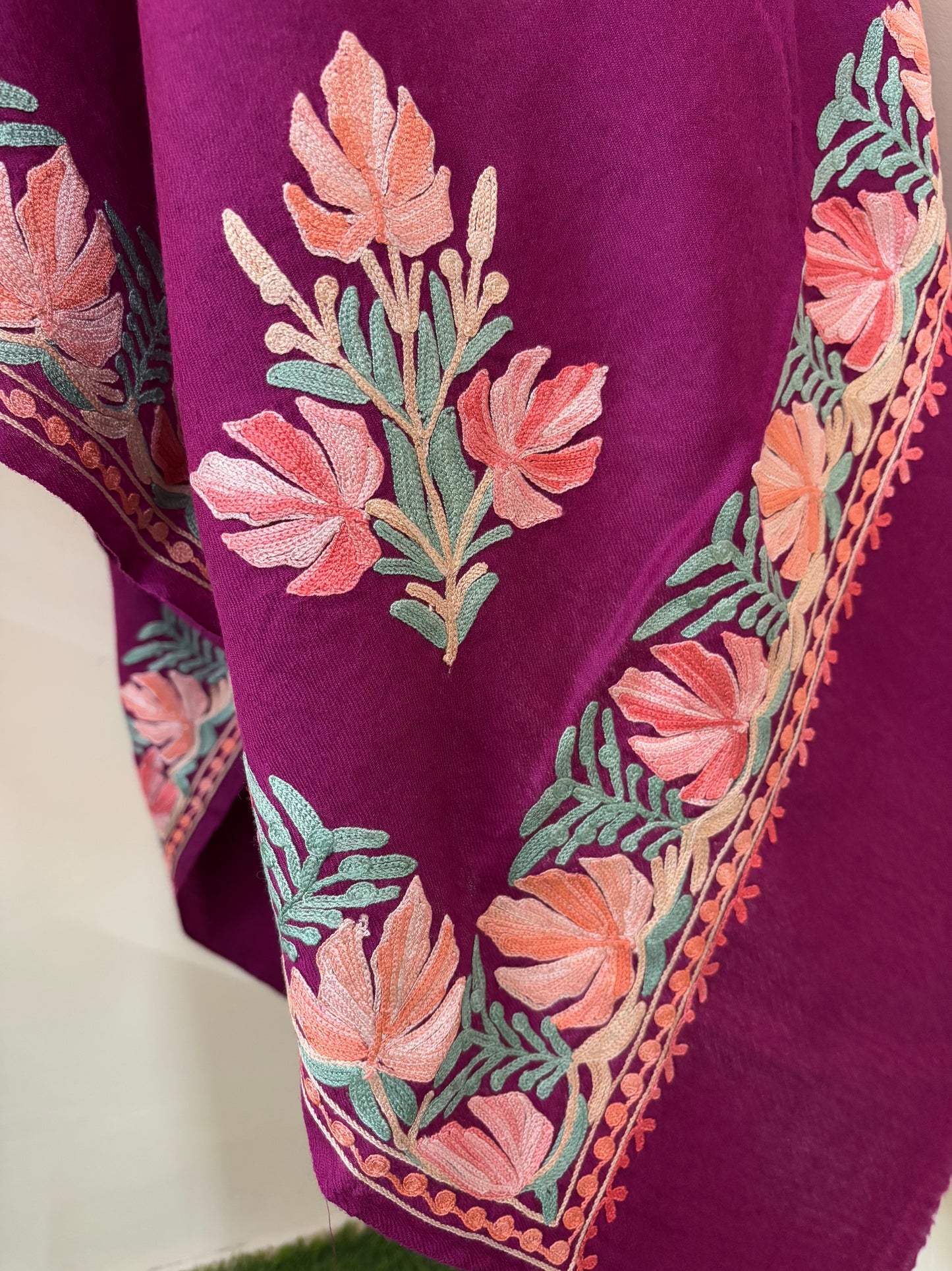 Wine Fine Semi Pashmina Aari Embroidered stole