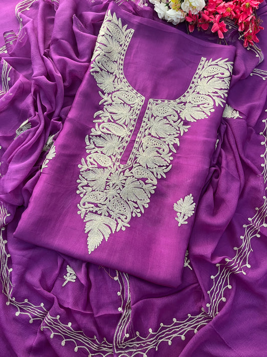 Purple Silk Tilla Kashmiri Suit
