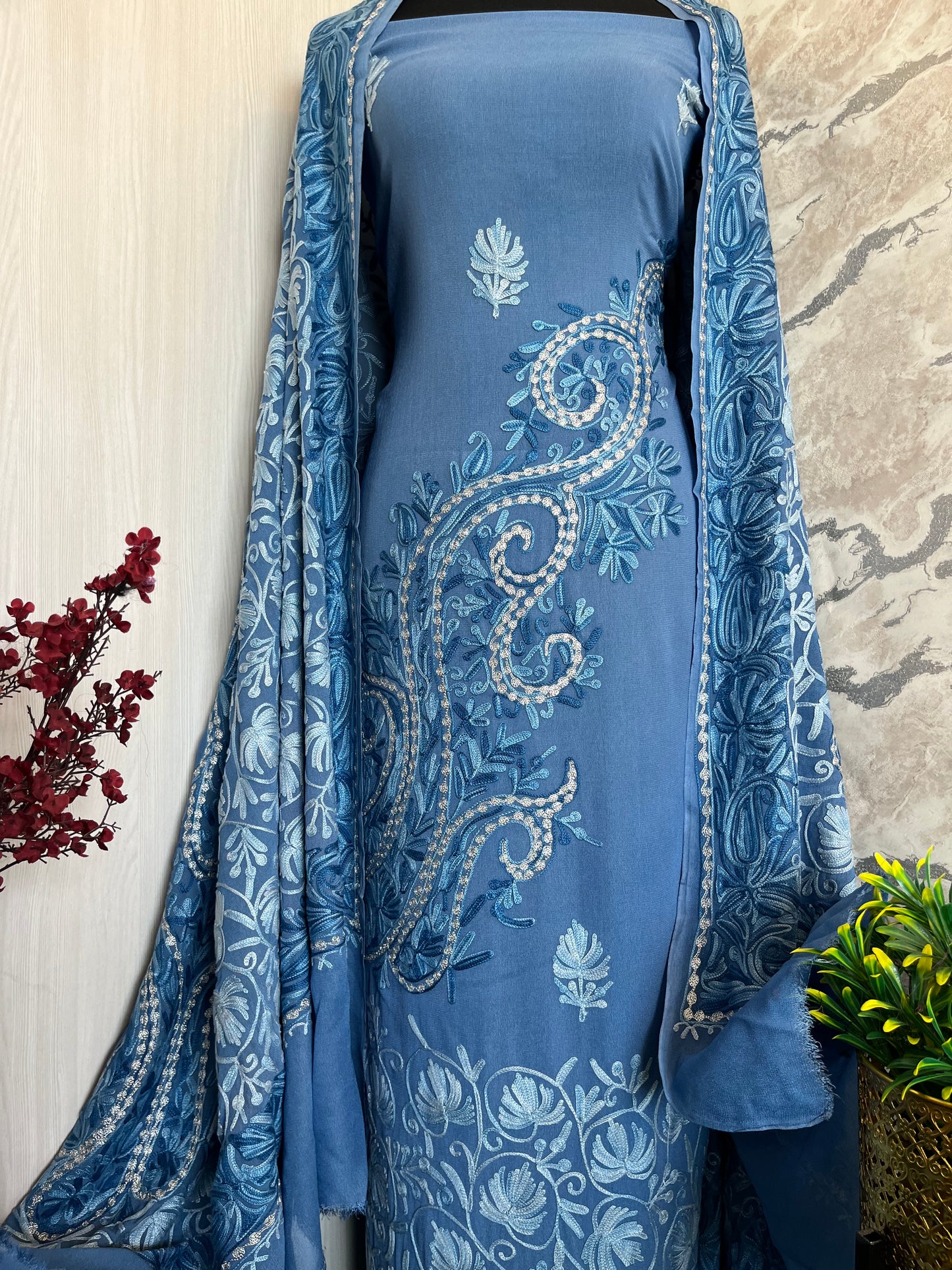 Blue Pure Georgette Aari Embroidered Suit