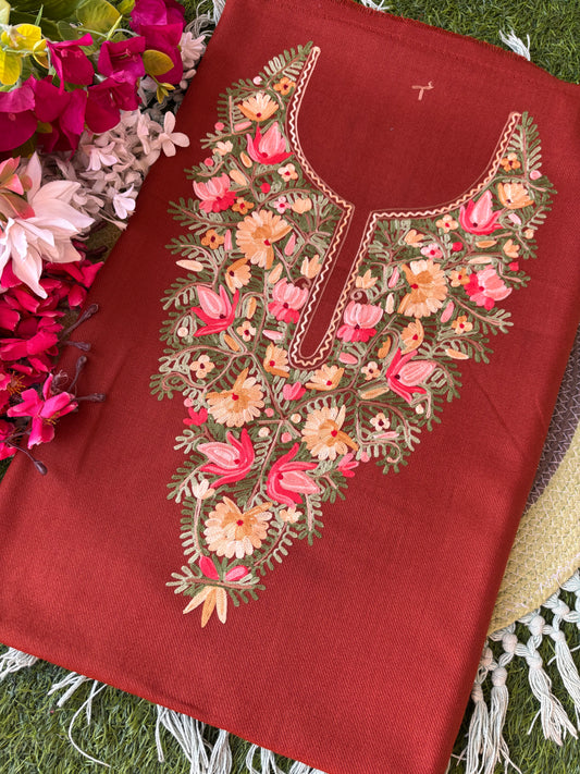 Rust Orange Woollen Aari Embroidered 2pc suit 5mtr