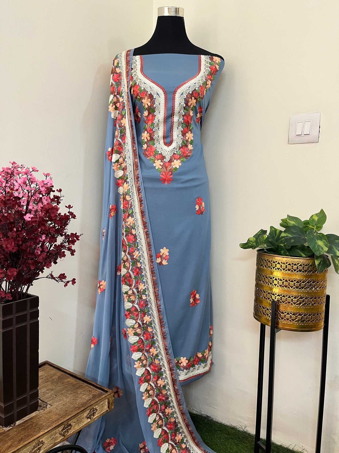 English Blue Rayon Cotton Kashmiri 3pc set