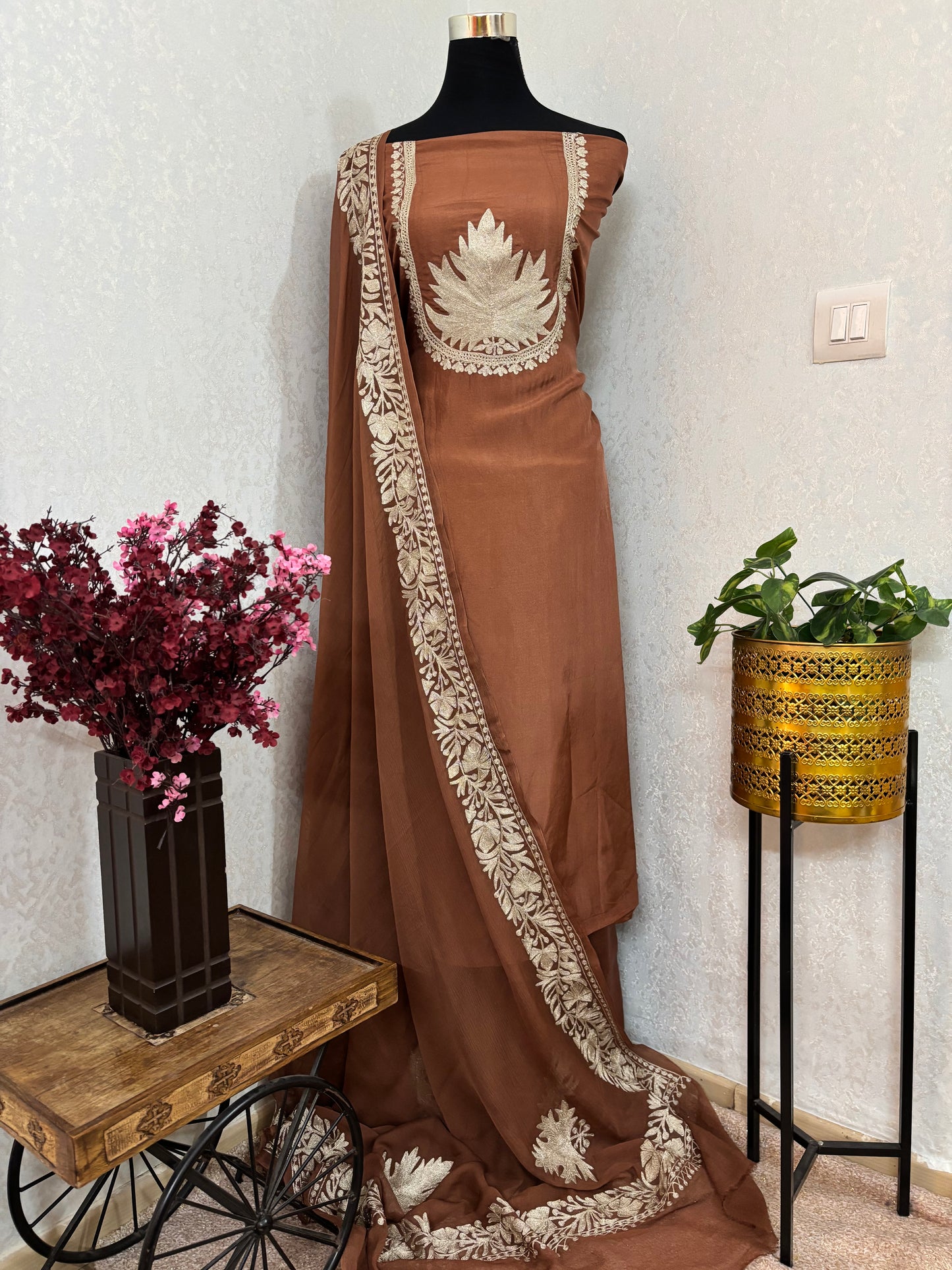 Soft Brown Tilla Kashmiri Silk Suit