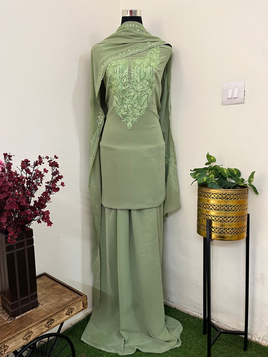 Tea green Georgette 3 Pc Aari Embroidered Suit Set