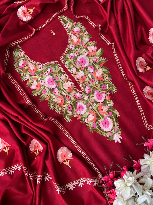 Maroon Woollen Aari Embroidered 3pc suit