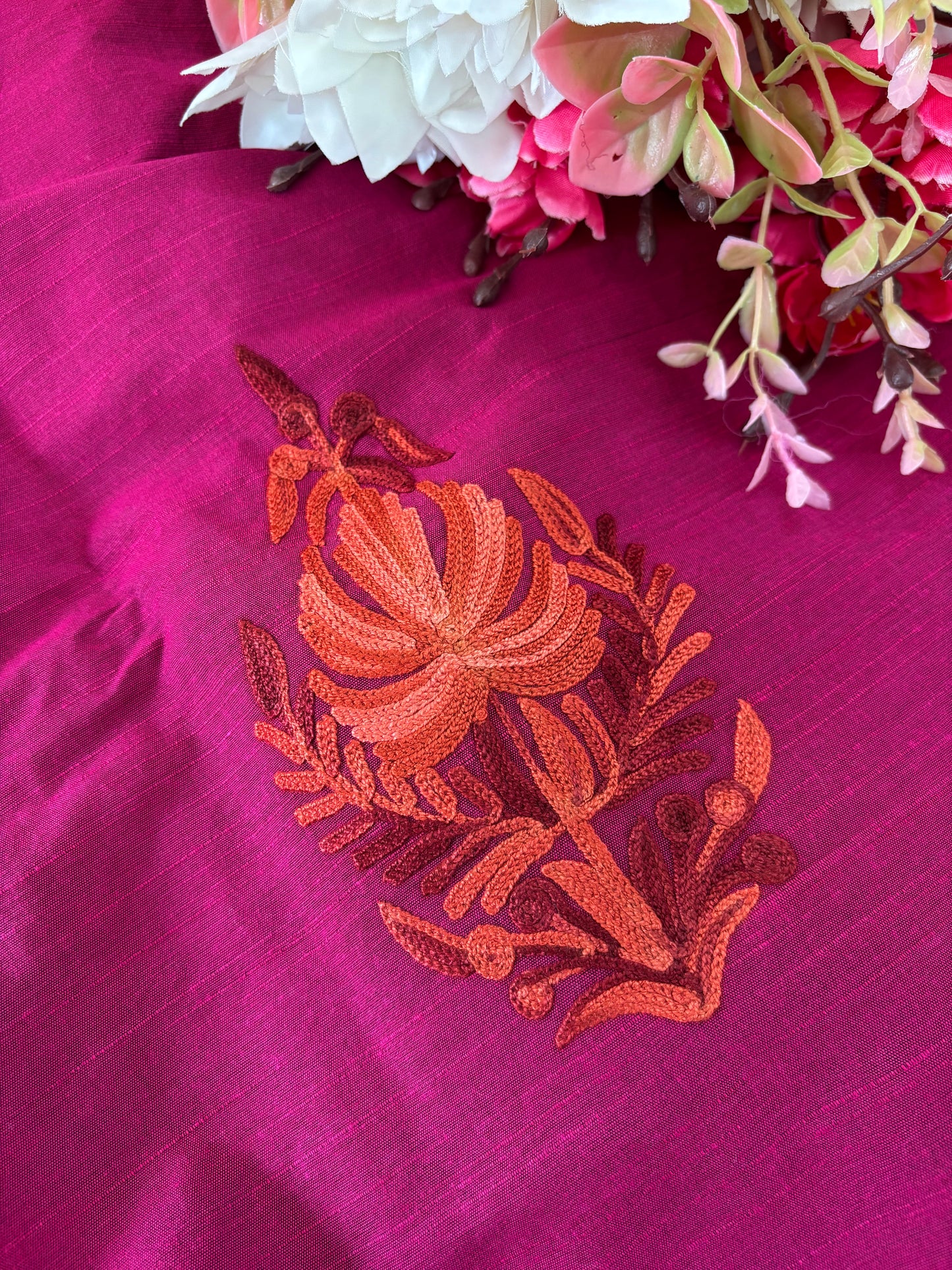 Cotton Hot Pink Aari Embroidered Kurta Pant Set