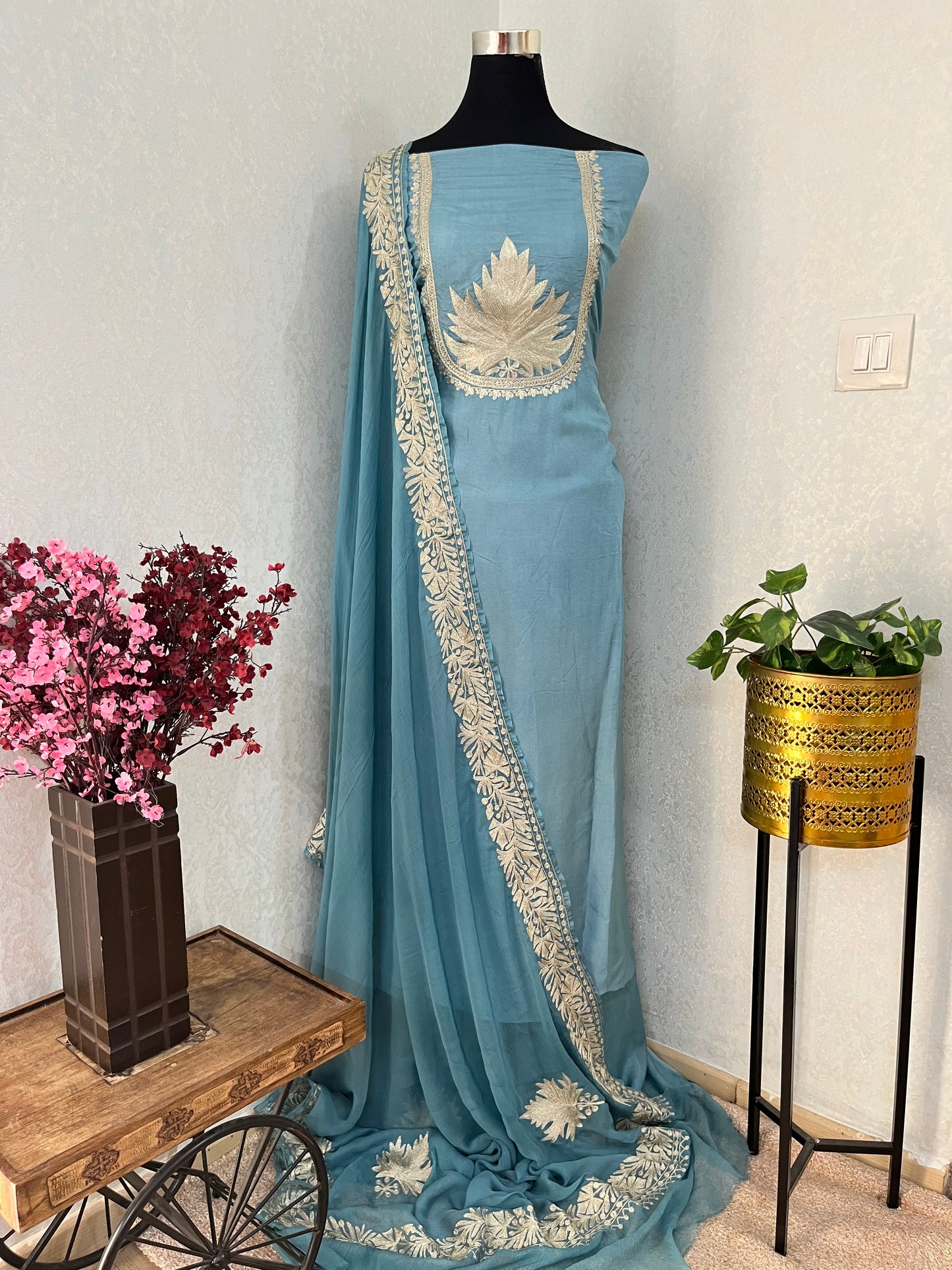 Soft Blue Tilla Kashmiri Silk Suit