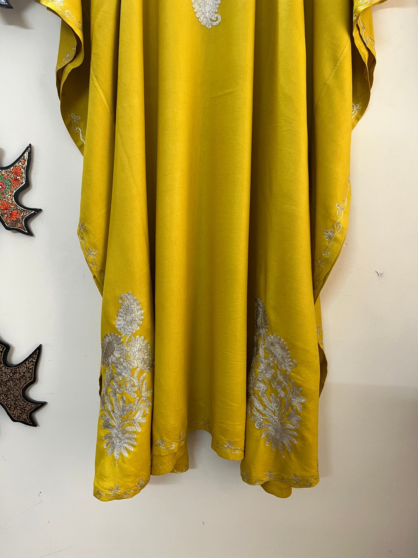 Golden Yellow Rayon Cotton Kashmiri Tilla Kaftan