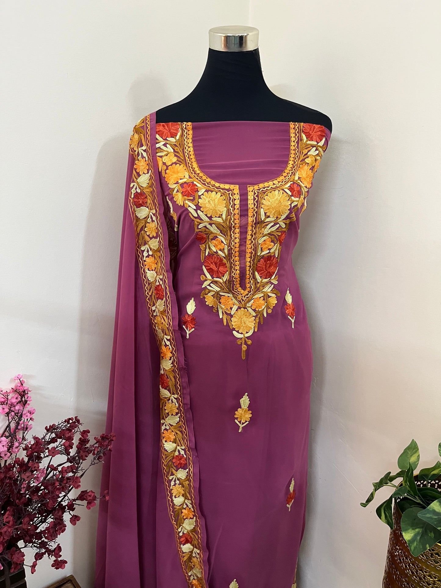 Mauve Georgette 3 Pc Aari Embroidered Suit Set
