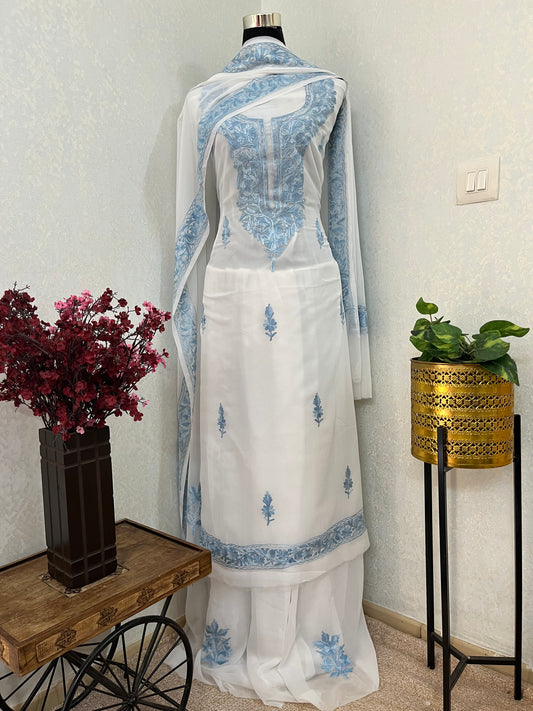 Off white Georgette 3pc Kashmiri Suit