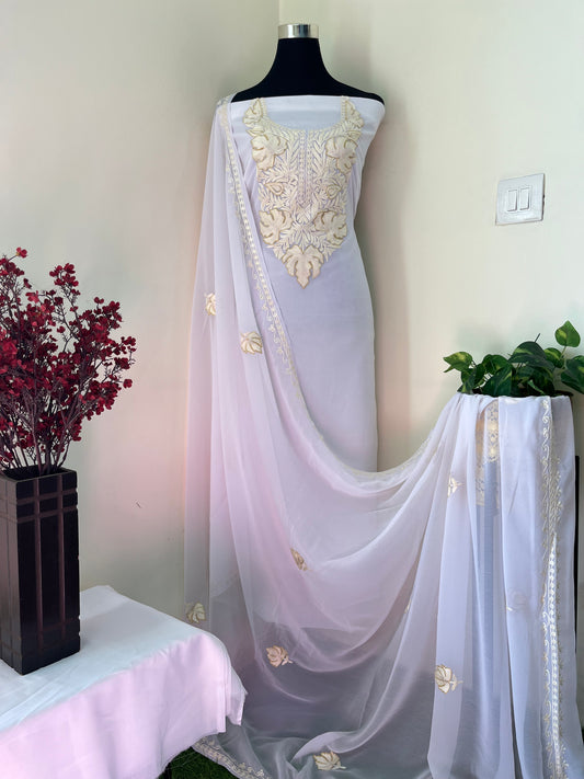 Off White Georgette 3pc Kashmiri Suit