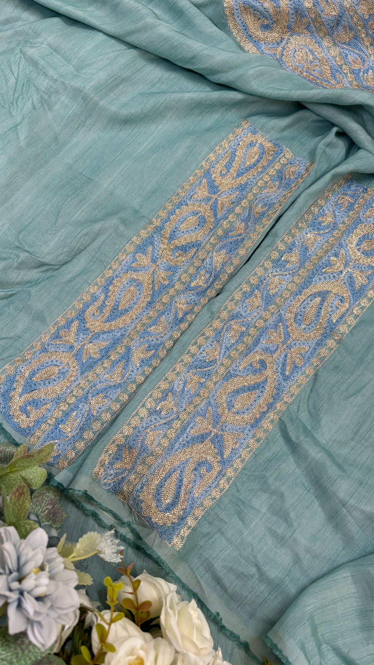 Baby Blue Russian Silk Kashmiri Suit