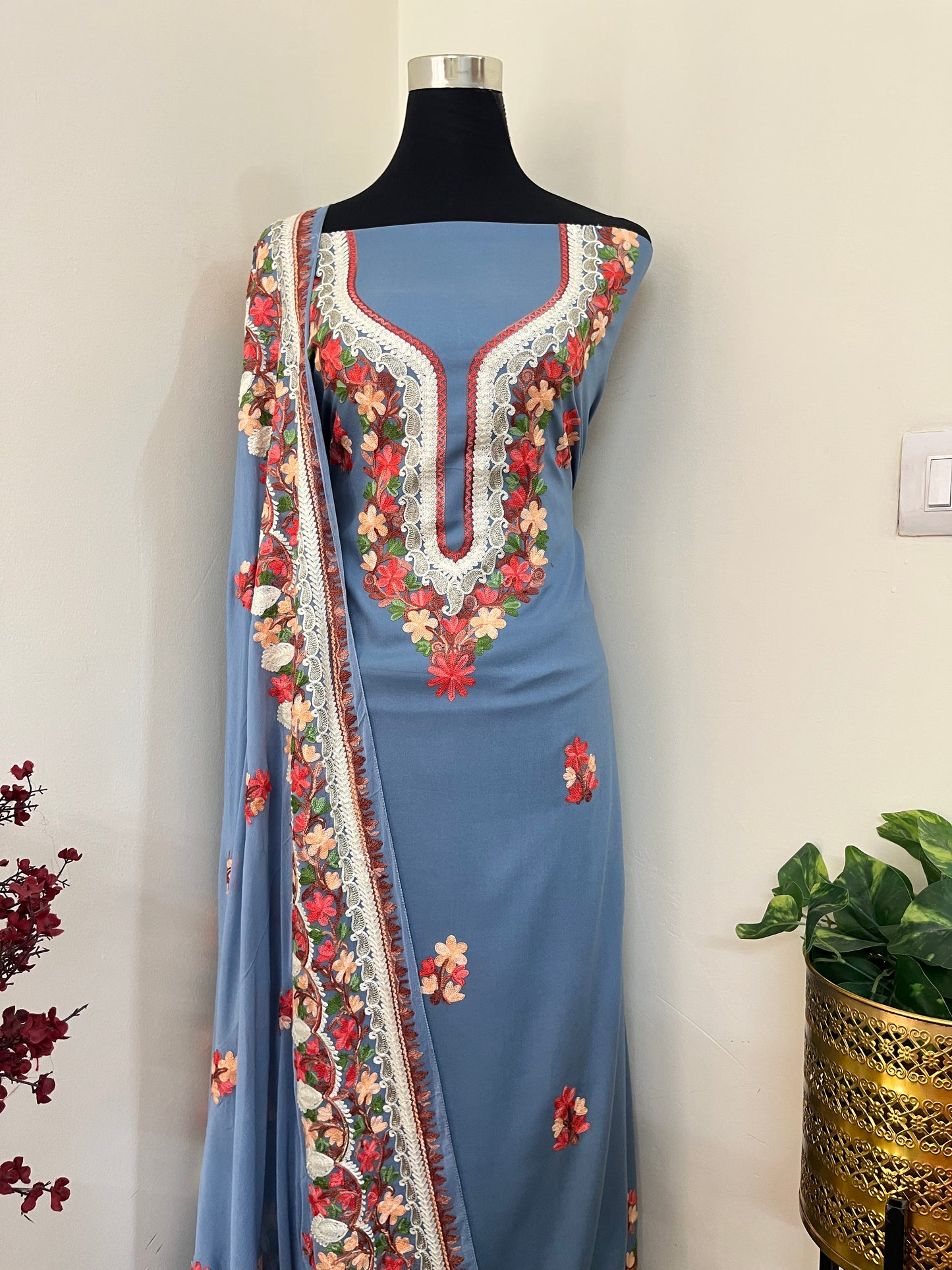 English Blue Rayon Cotton Kashmiri 3pc set