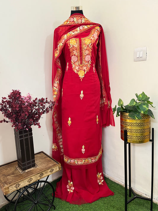 Red Georgette 3 Pc Aari Embroidered Suit Set