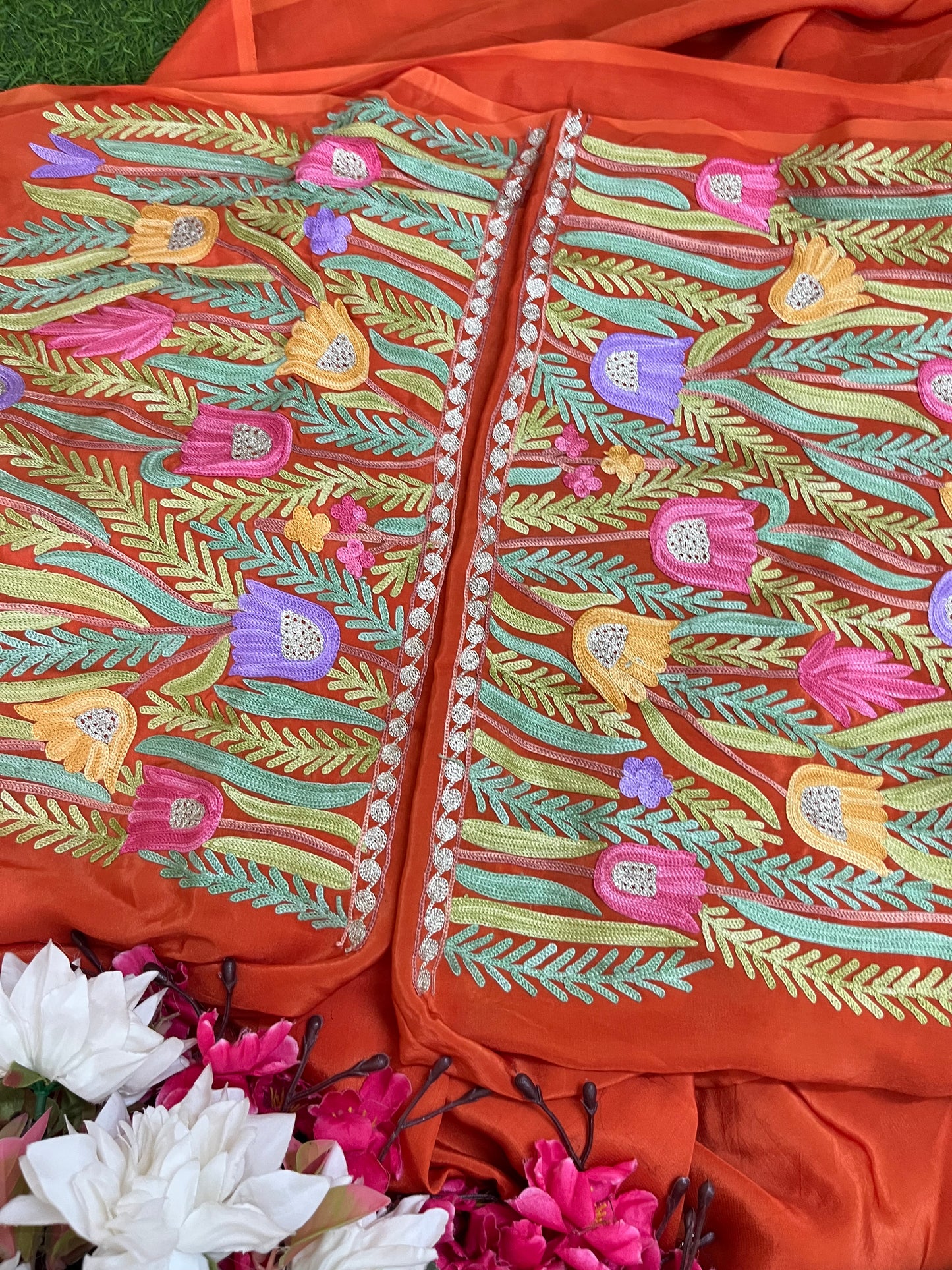 Kalaa’ Orange Crape Kashmiri Suit