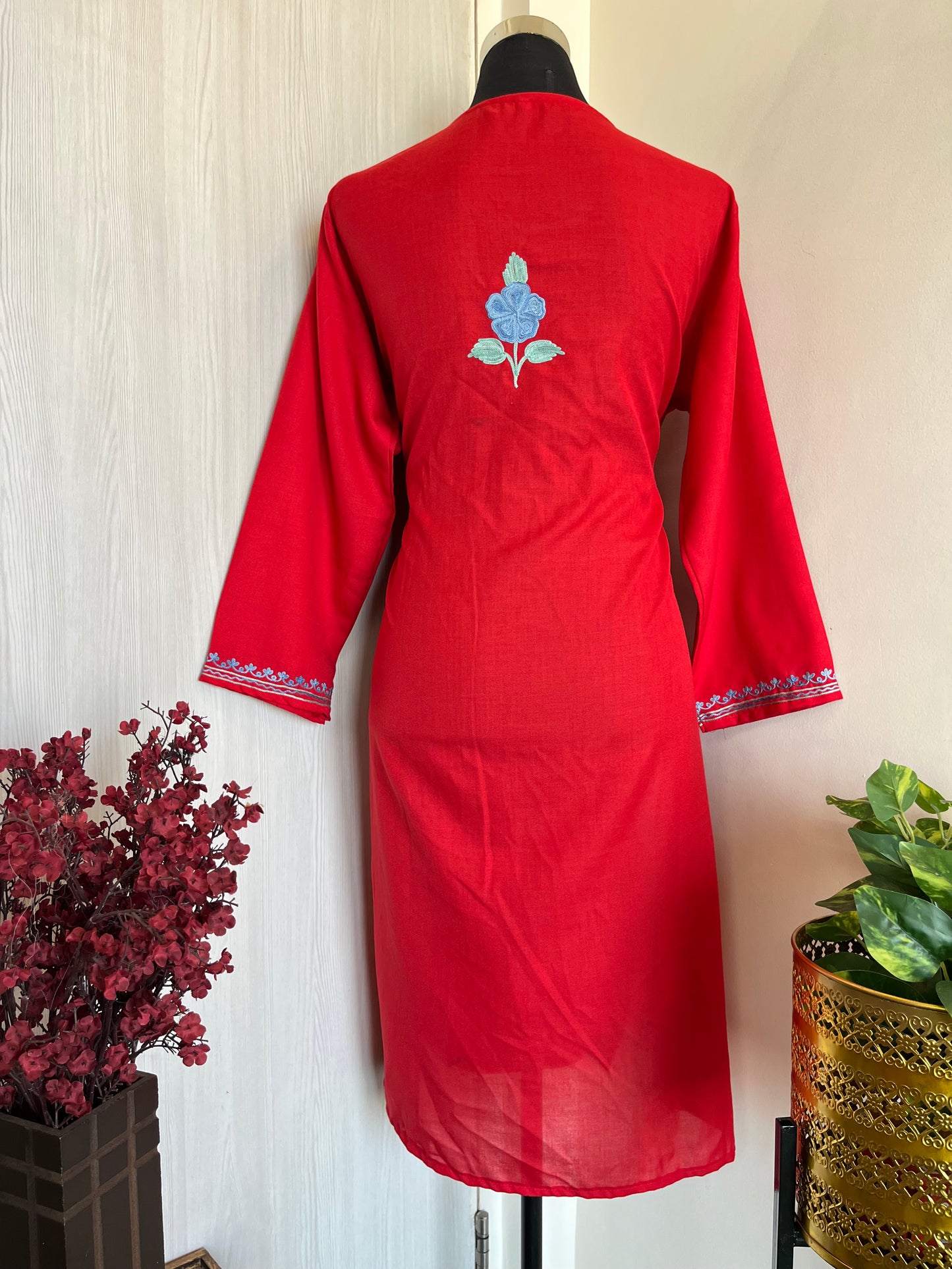 Red Cotton Aari Work Kurti (Free Size up to Bust 46 inches )