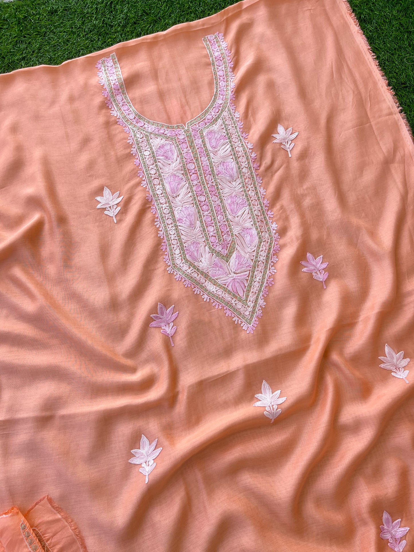 Peach Muslin Cotton Aari Embroidered 3pc set