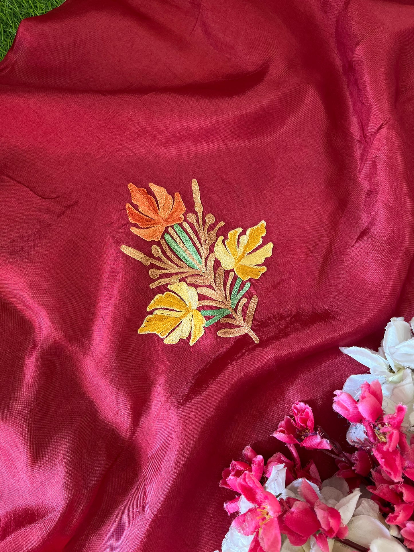 Maroon Opada Silk Aari Embroidered Suit material