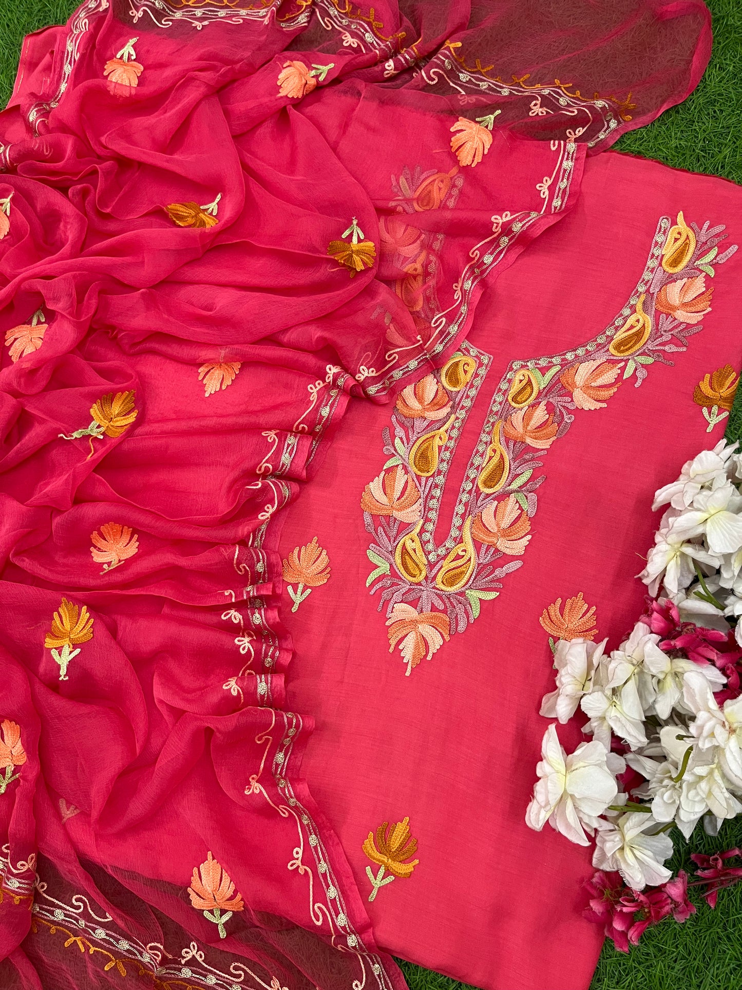 Carrot Red Muslin Cotton Jaal Sleeves Kashmiri 3pc Suit