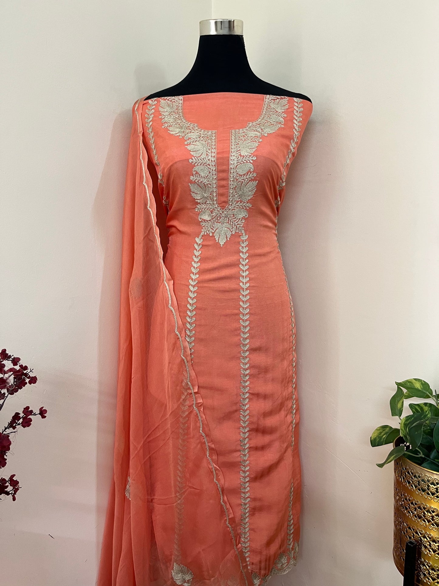 Sanam’ Peach Silk Tilla Embroidered Suit material