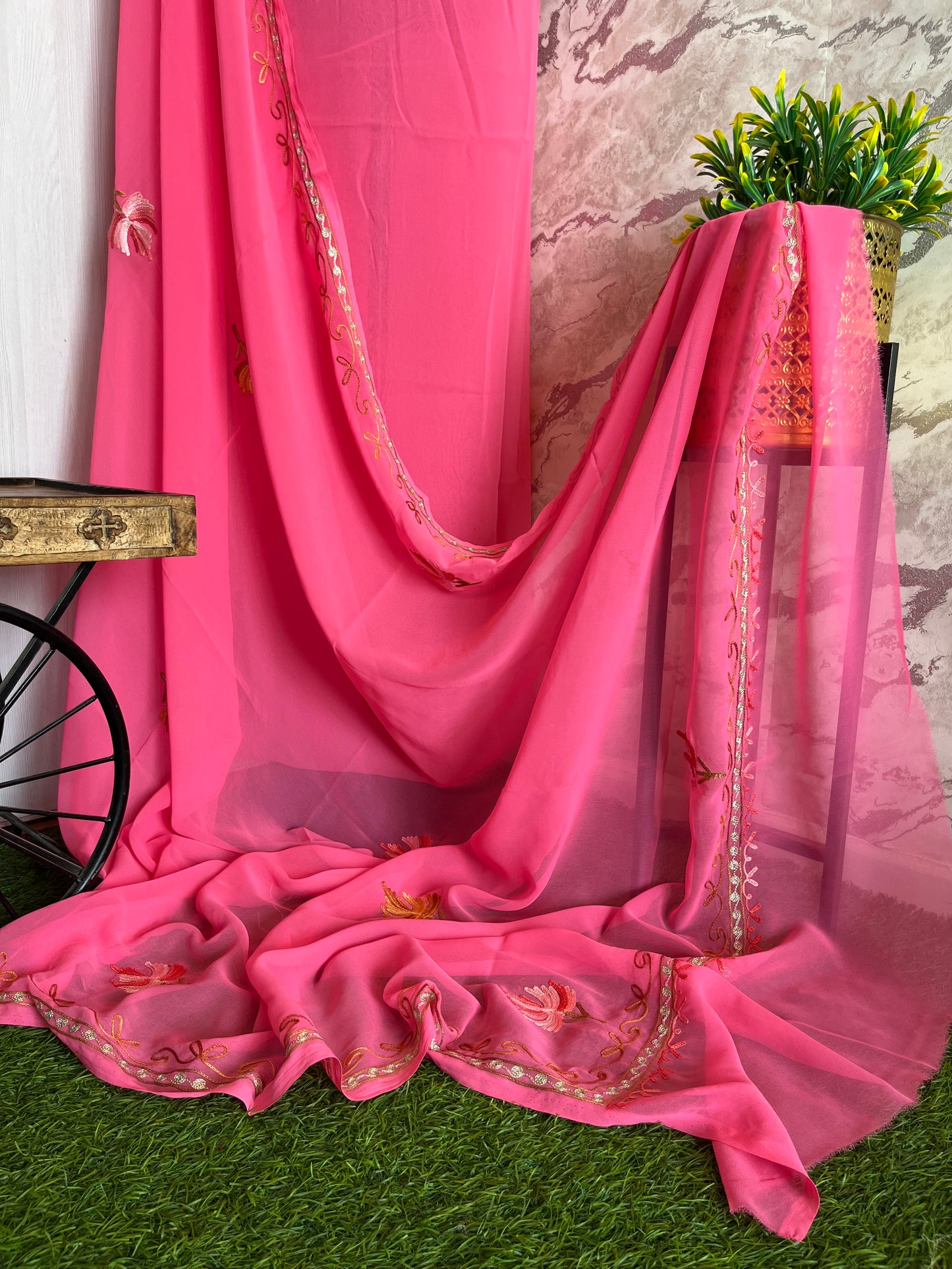 Candy Pink Georgette Shirt and Dupatta Aari Embroidered Suit