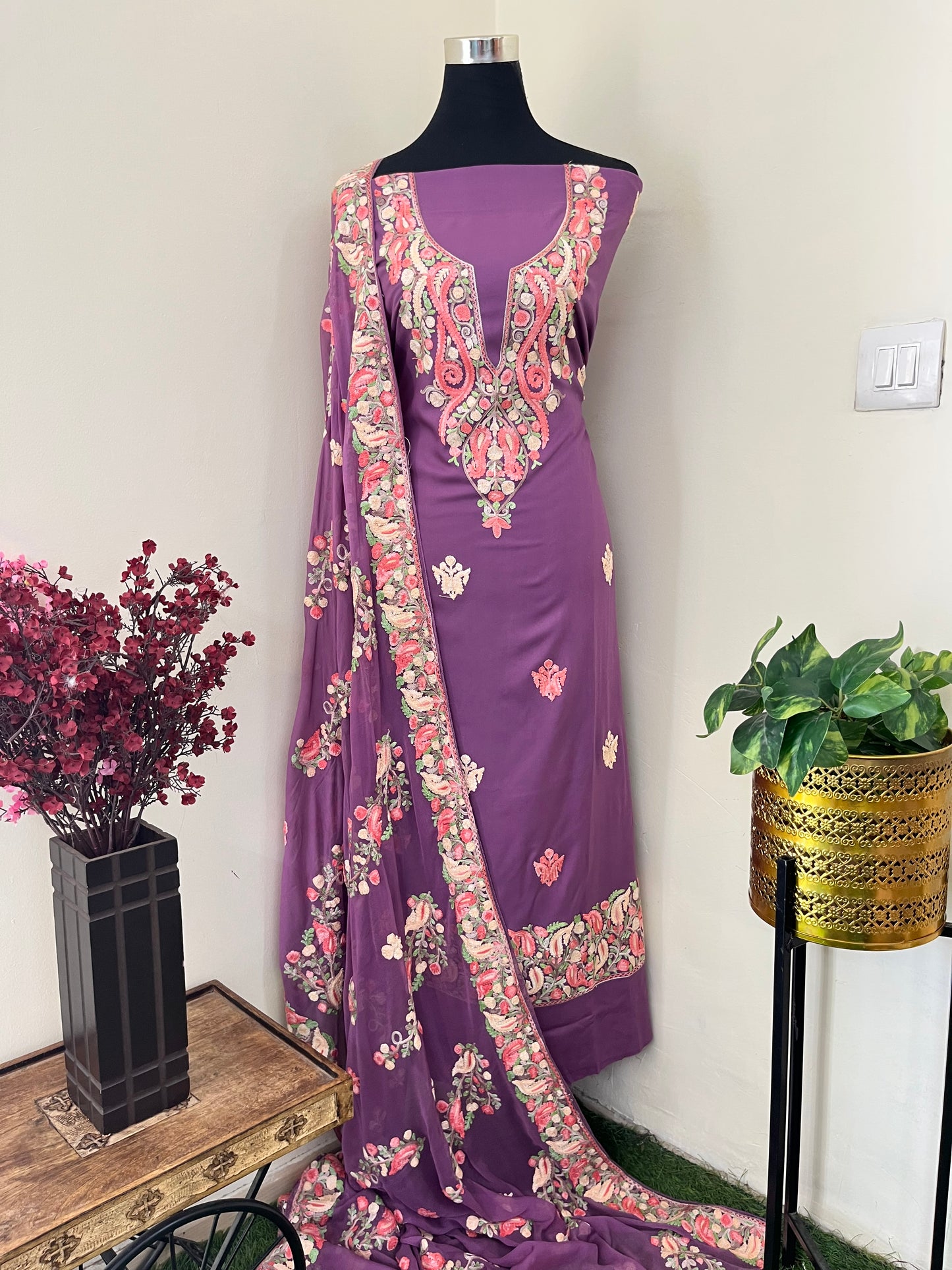 Lavender Rayon Cotton Kashmiri 3pc set