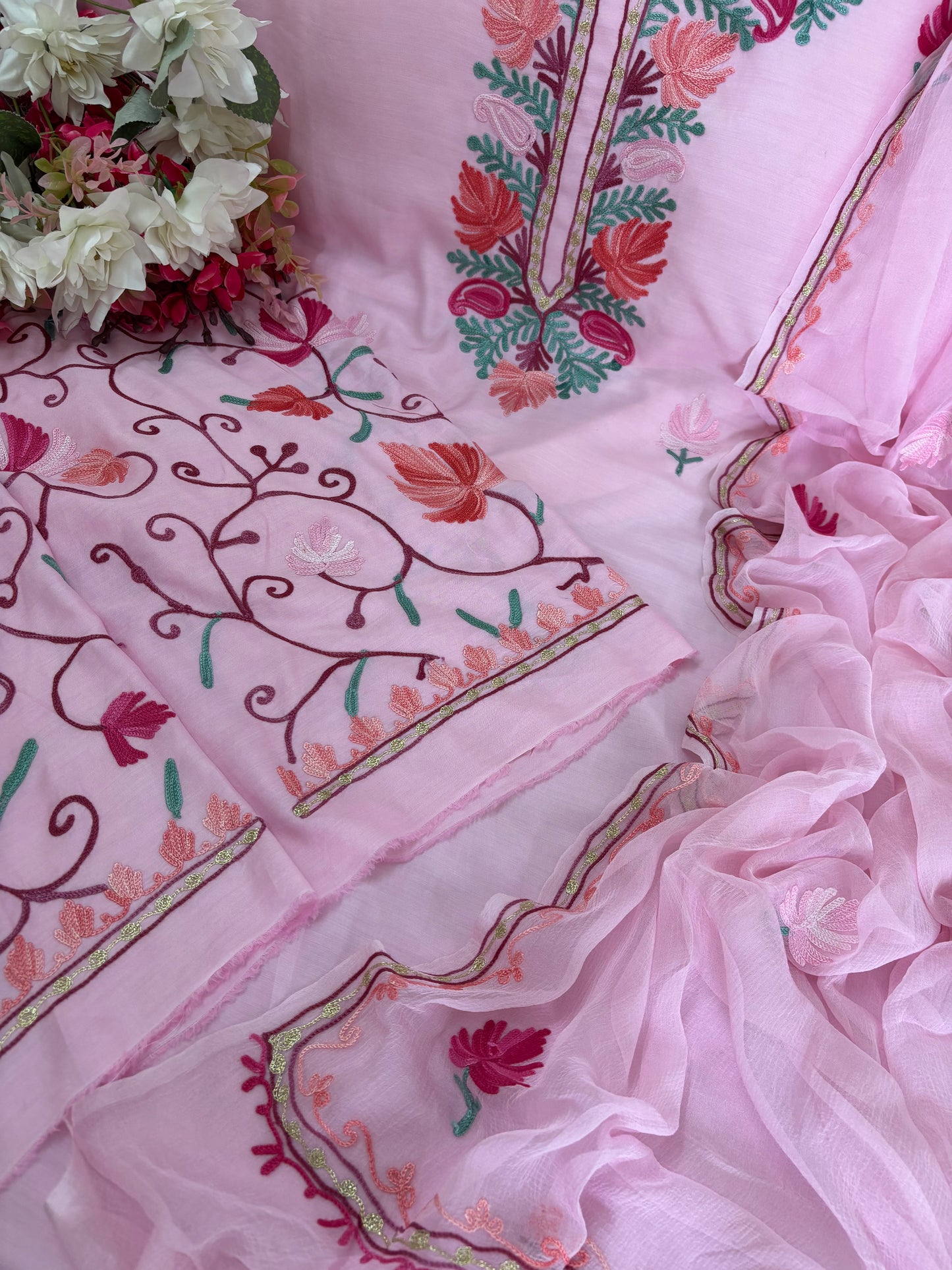 Soft Pink Muslin Cotton Jaal Sleeves Kashmiri 3pc Suit