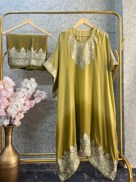 Golden Pure Crape Kashmiri Kaftan