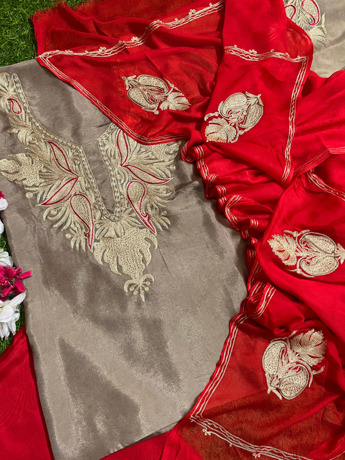Golden Beige Silk Aari Tilla Fusion Suit