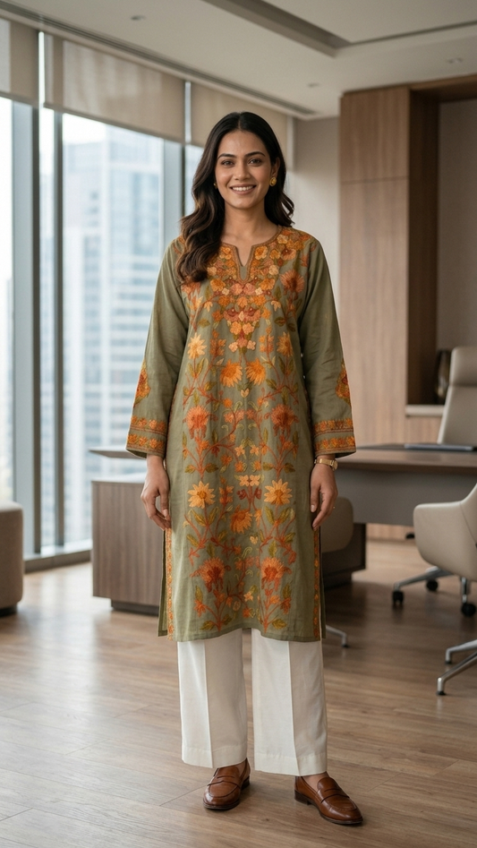 Beige Aari Embroidered Wool Pheran