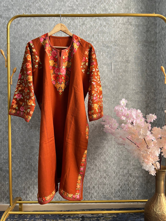 Orange Aari Embroidered Wool Pheran