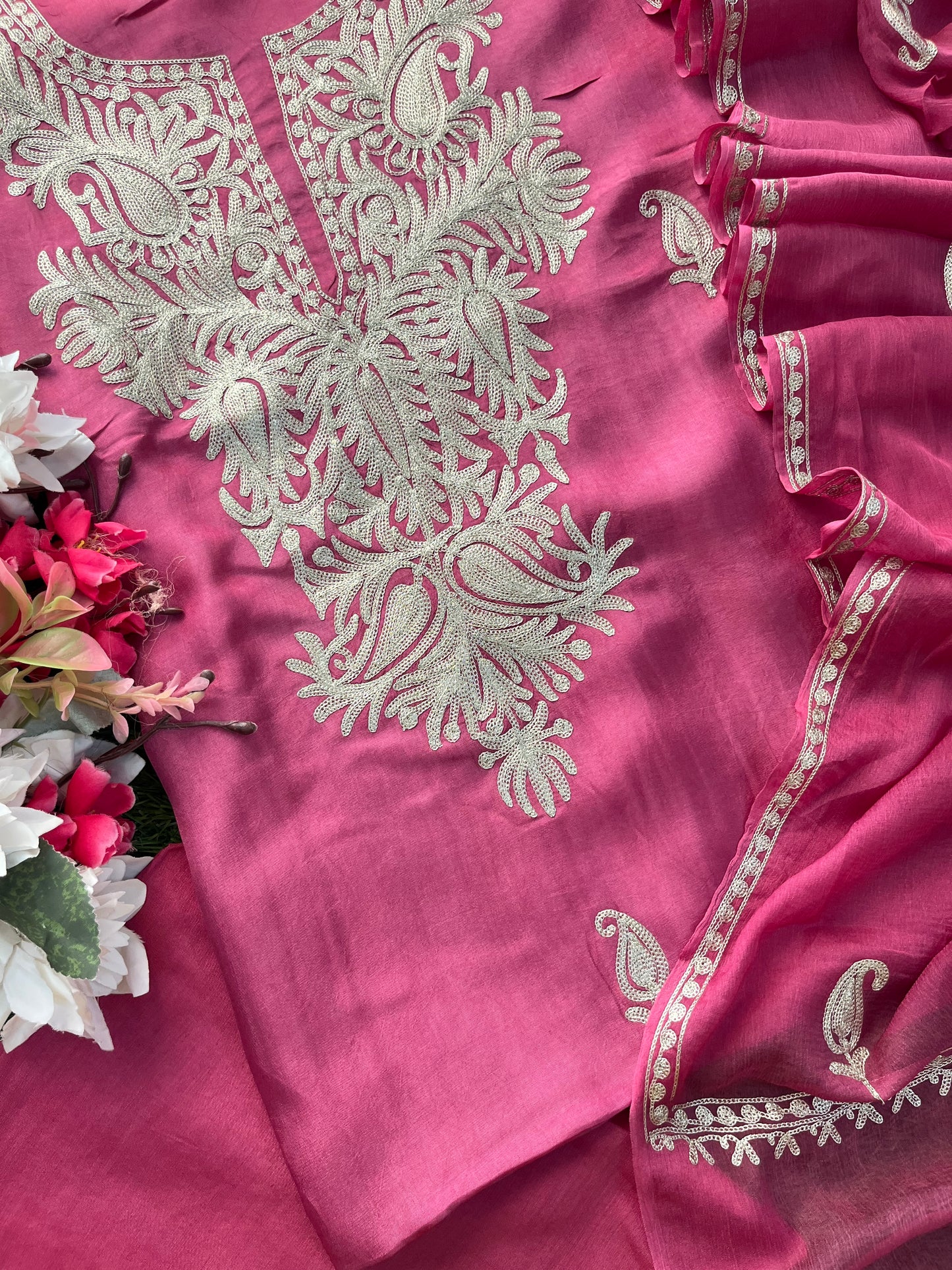 Onion Pink Silk Tilla Kashmiri Suit