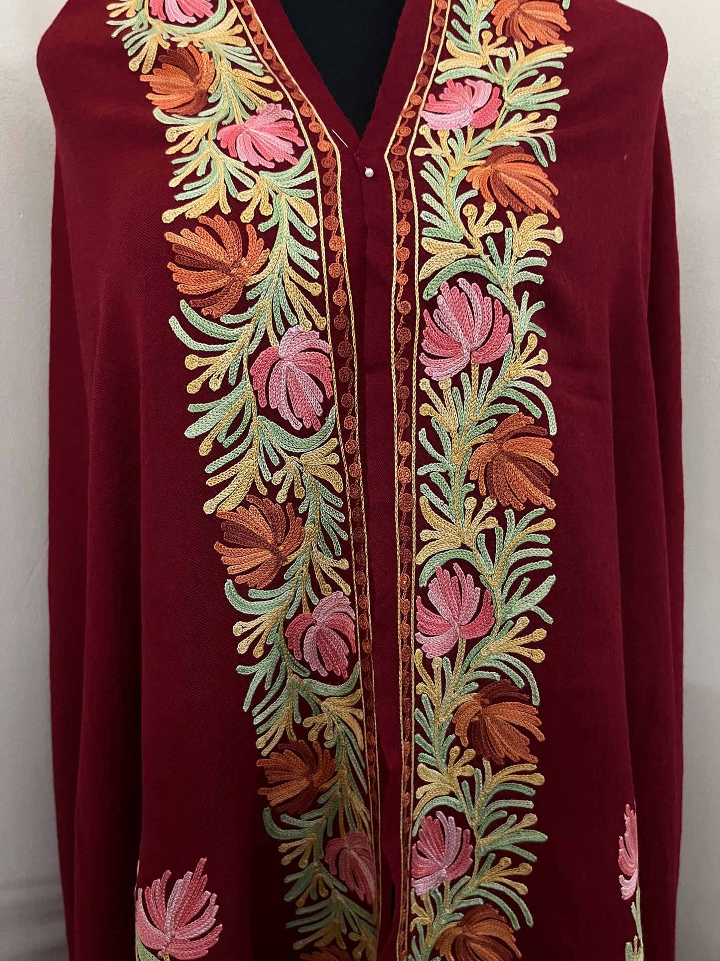 Maroon Aari Embroidered Pure Wool Cape