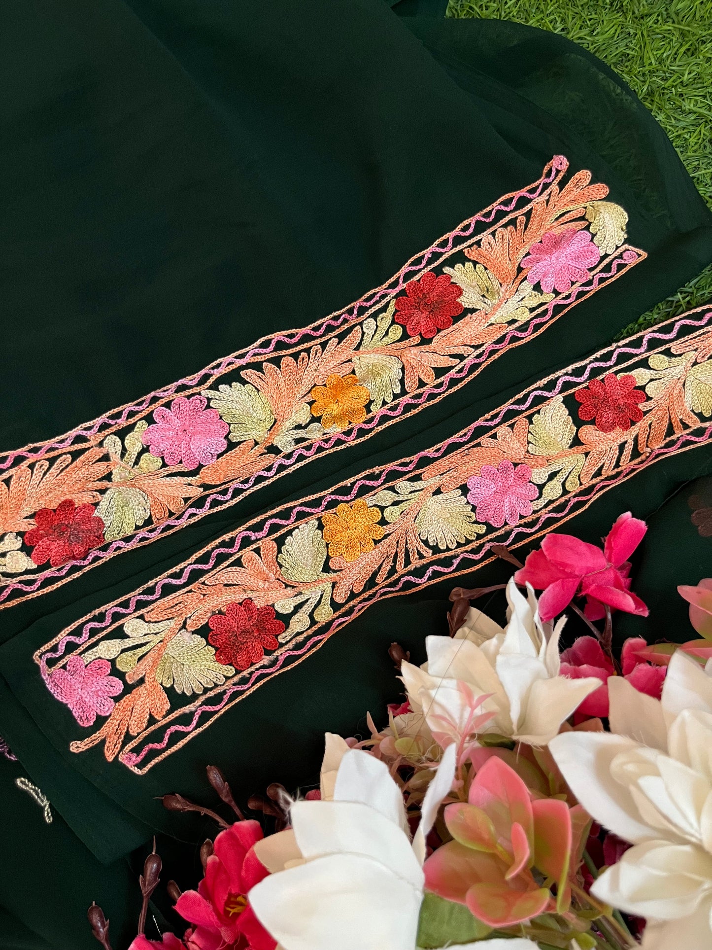 Bottle Green Georgette 3 Pc Aari Embroidered Suit Set