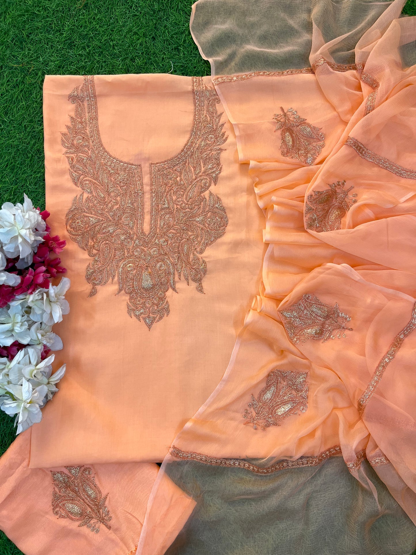 ‘Kalaa’ Peach Muslin Silk Tilla Embroidered Suit
