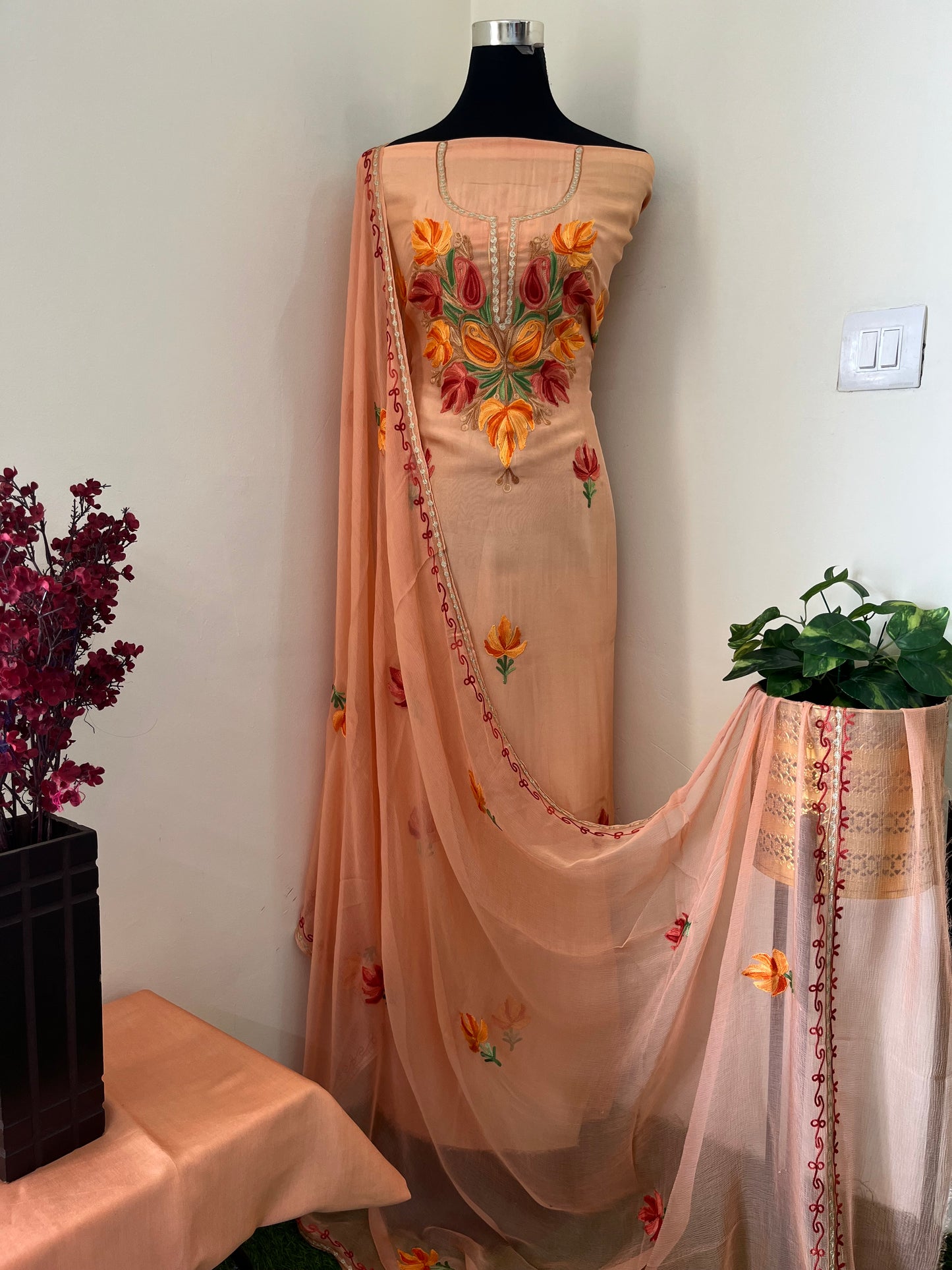 Peach Opada Silk Kashmiri Suit