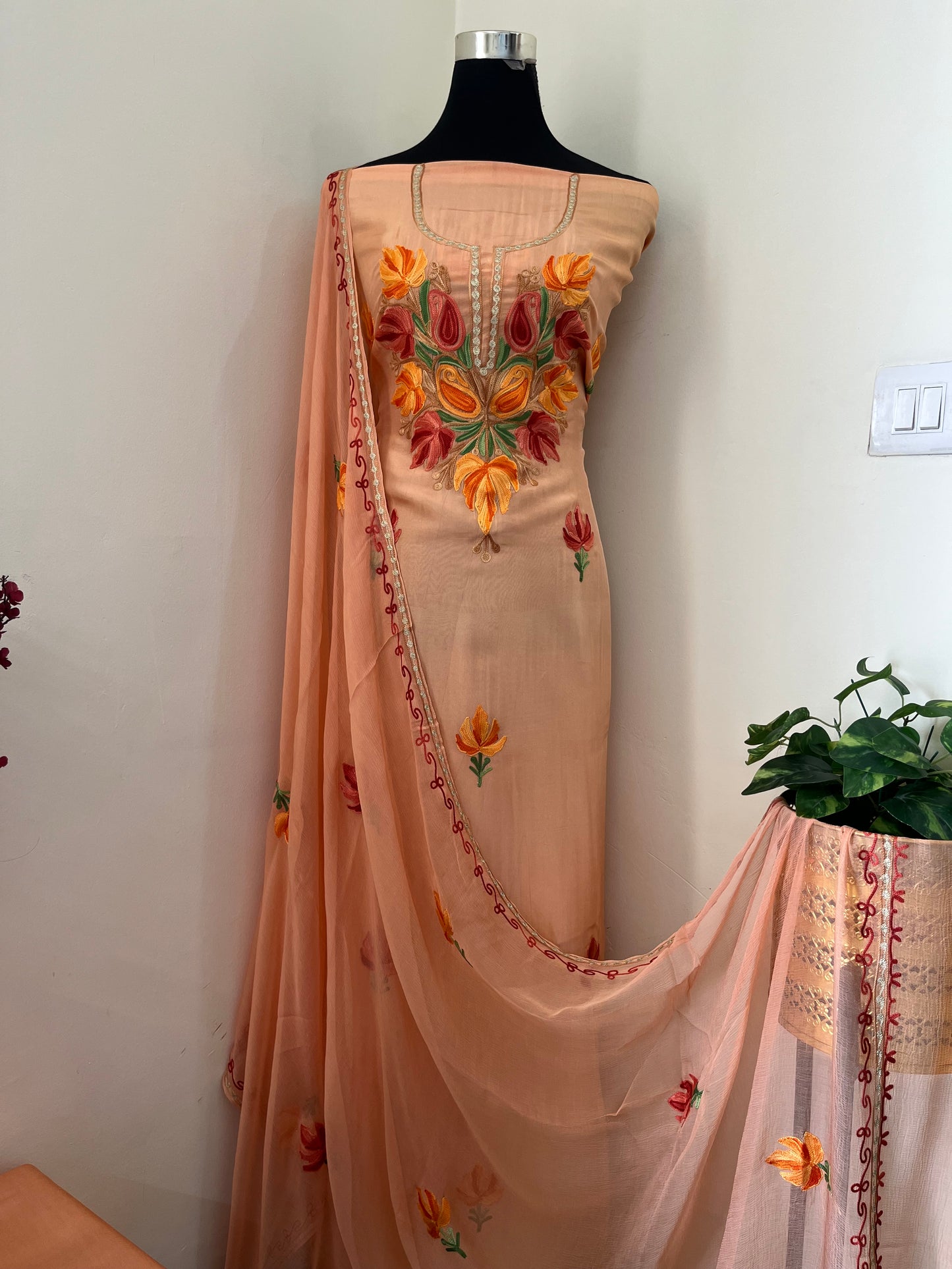 Peach Opada Silk Kashmiri Suit